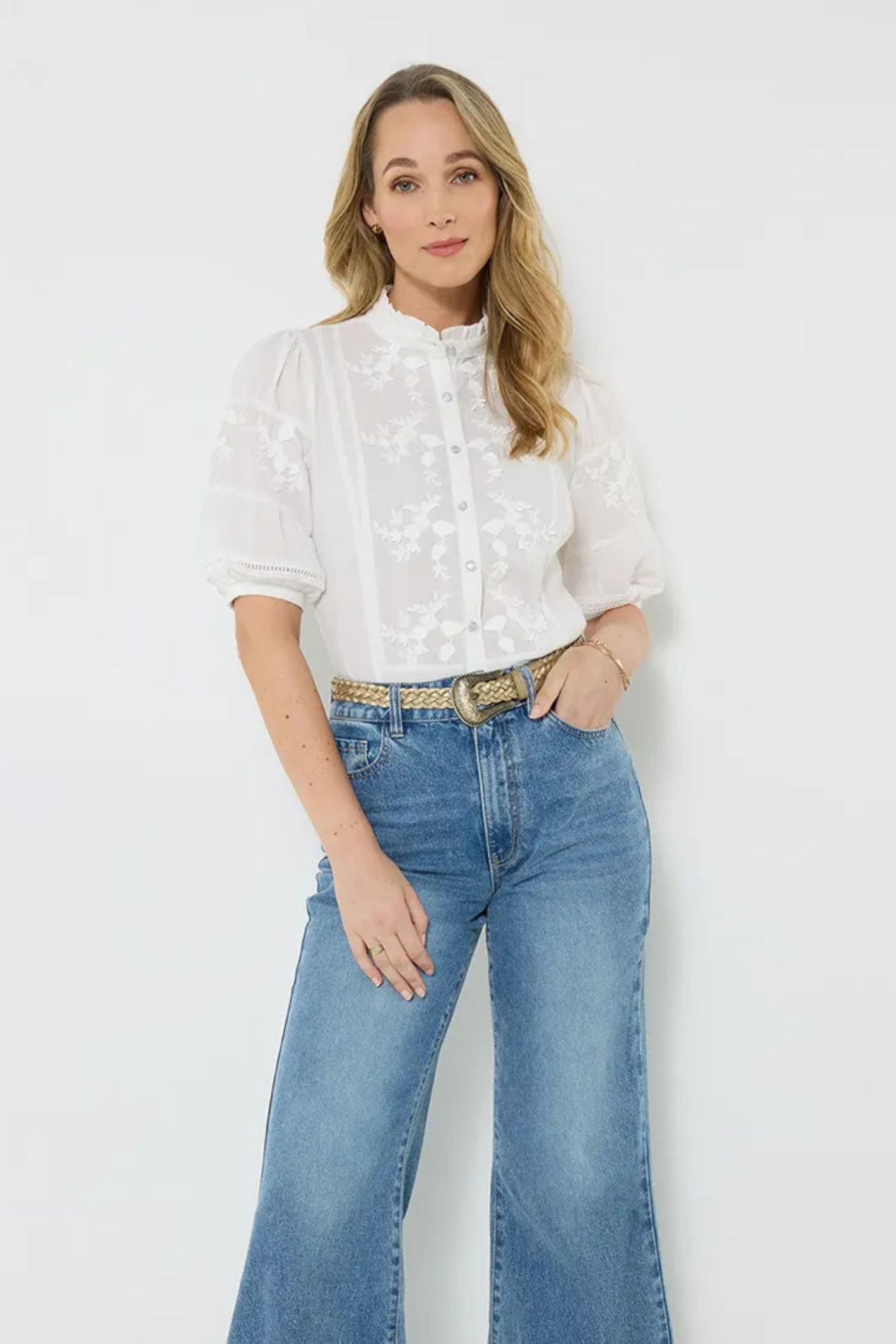 Woman wearing Joe Browns WA486A Patsy Embroidered Blouse White by Joe Browns, shop Joe Browns at Dotique for classic style