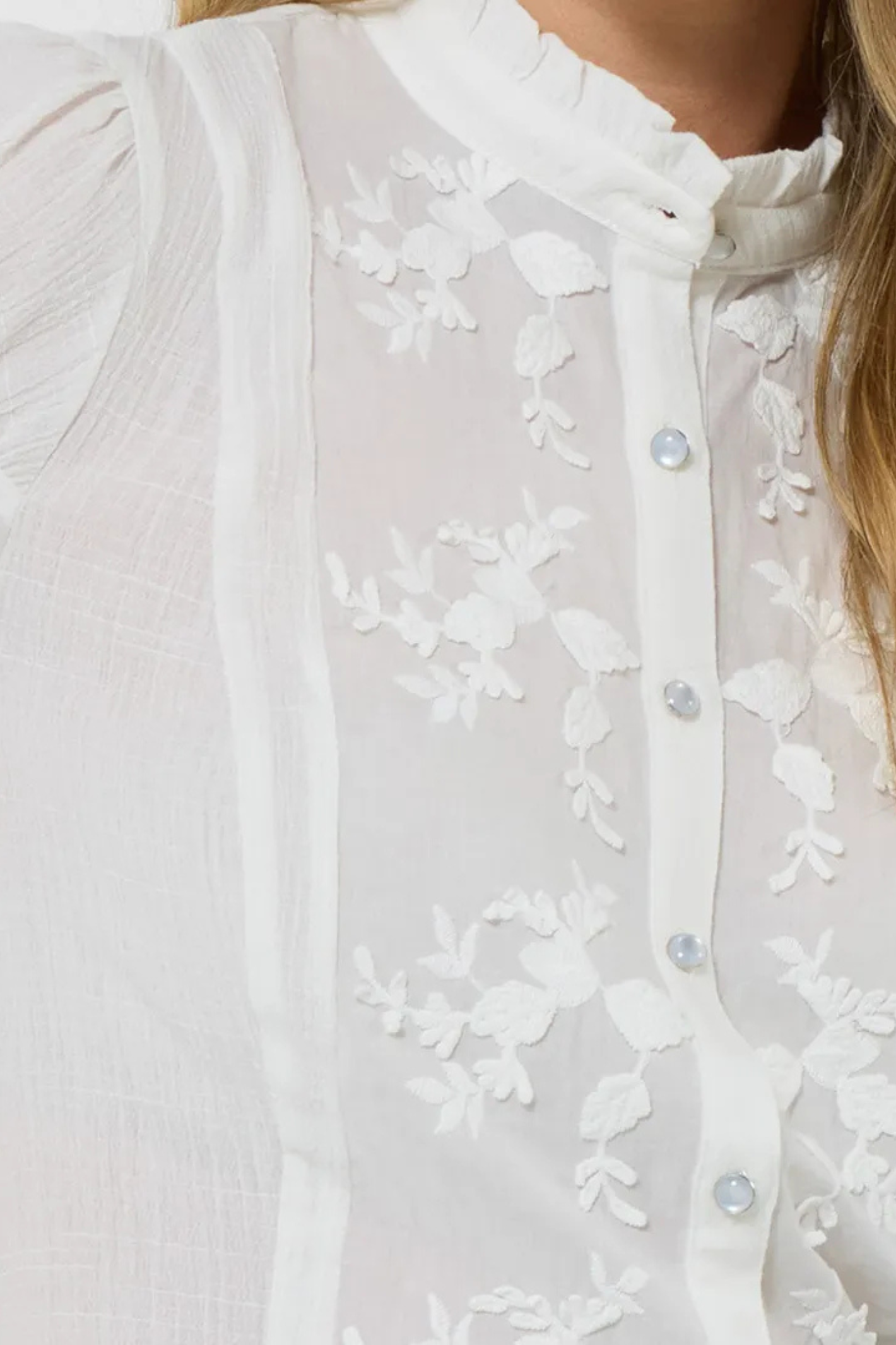 Close-up of intricate embroidery on Joe Browns WA486A Patsy Embroidered Blouse White by Joe Browns, shop Joe Browns at Dotique.