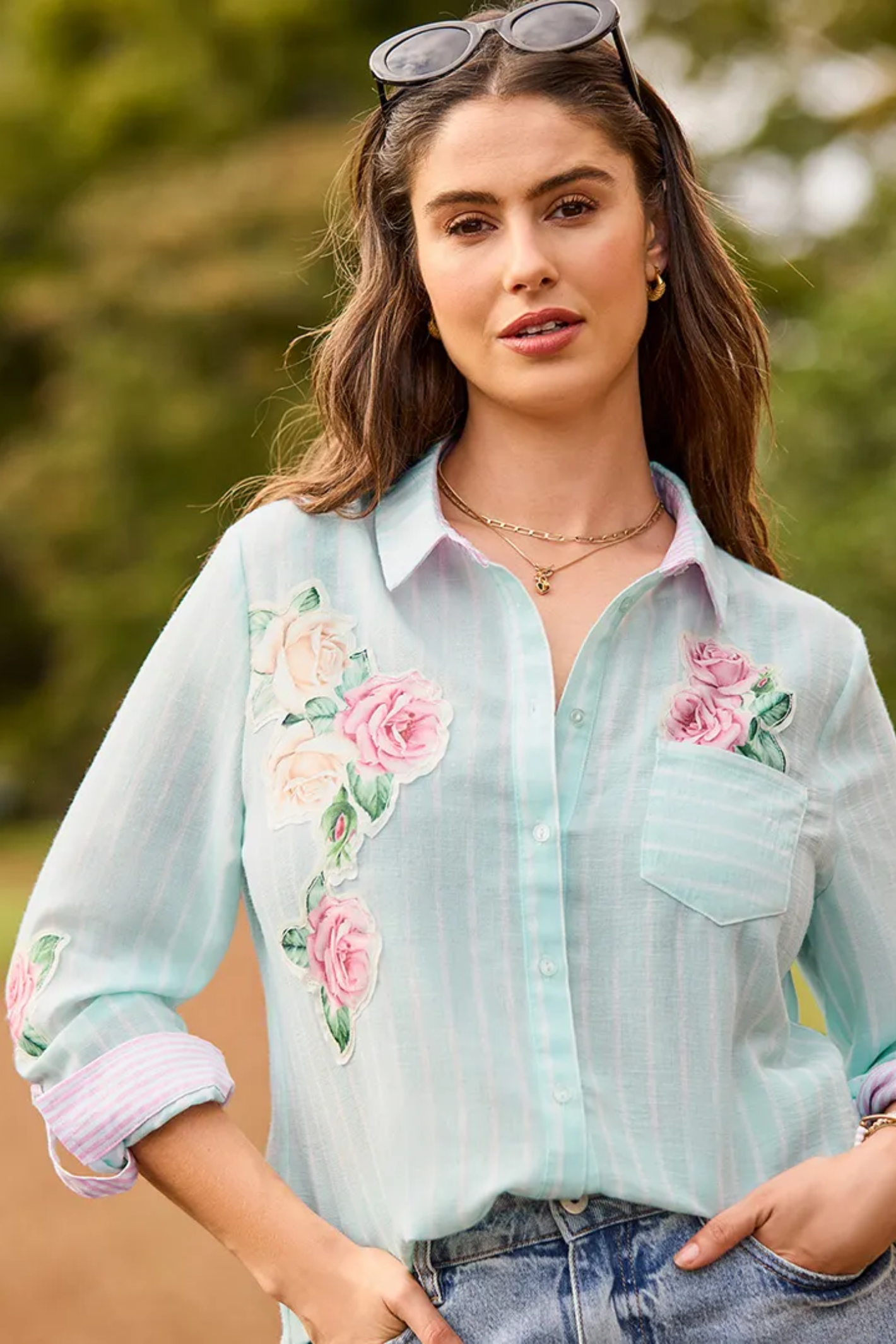 Woman wearing Joe Browns WA501A Vintage Roses Appliqué Shirt Blue by Joe Browns, shop Joe Browns at Dotique for floral detail