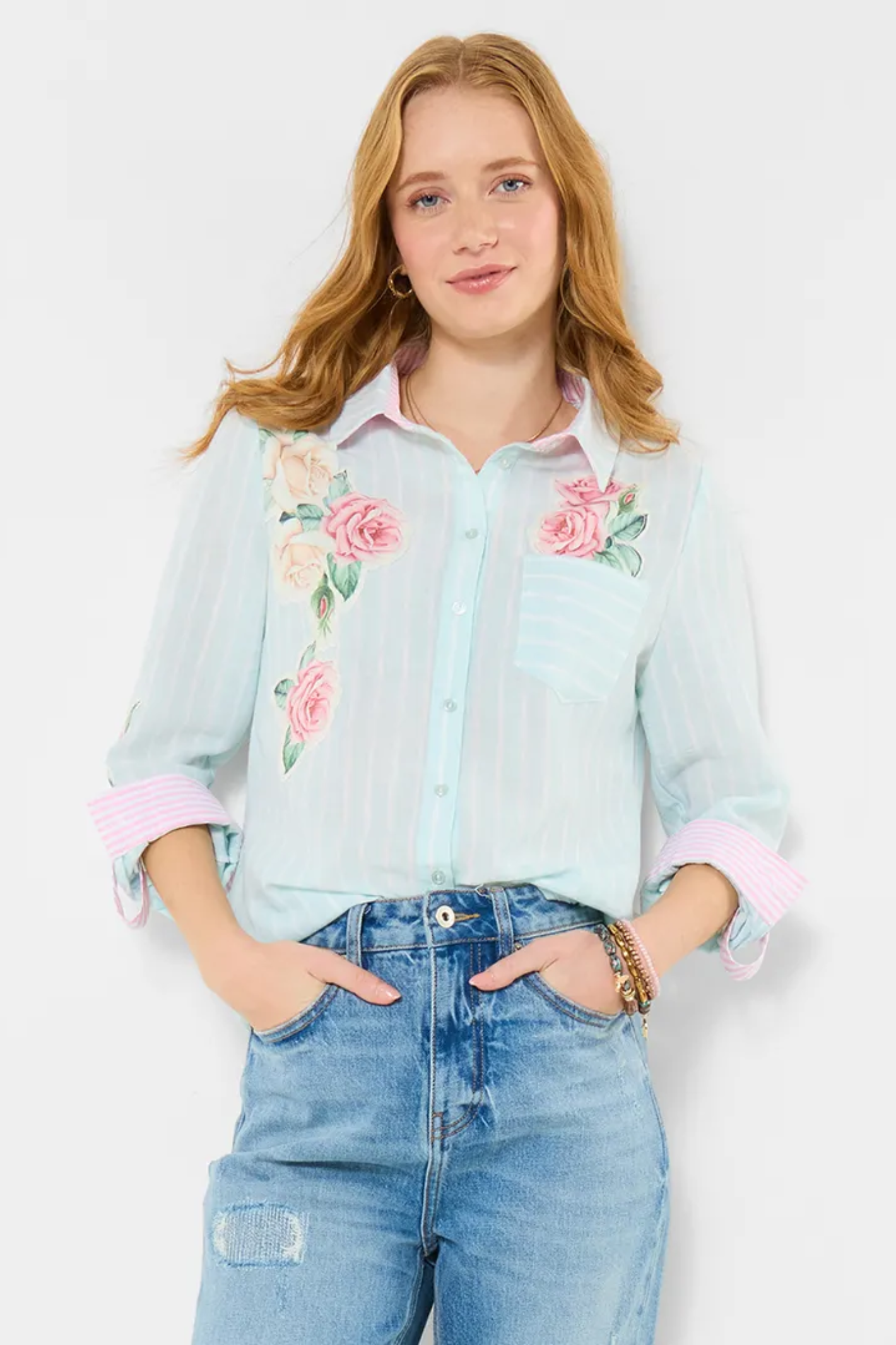 Woman wearing Joe Browns WA501A Vintage Roses Appliqué Shirt Blue by Joe Browns, shop Joe Browns at Dotique for floral elegance