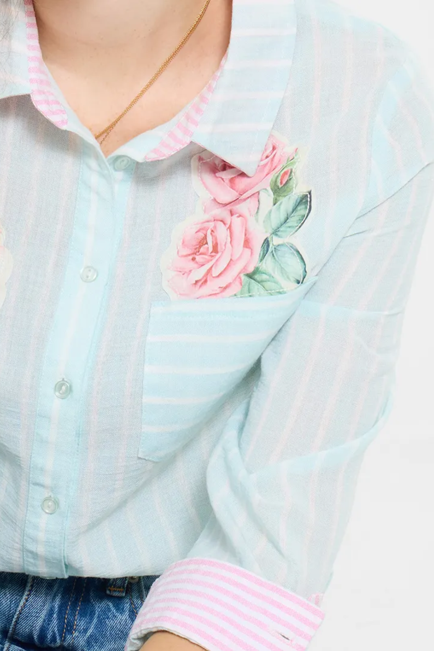 Close-up of soft pastel stripes and floral detail on Joe Browns WA501A Vintage Roses Appliqué Shirt Blue, shop Joe Browns at Dotique