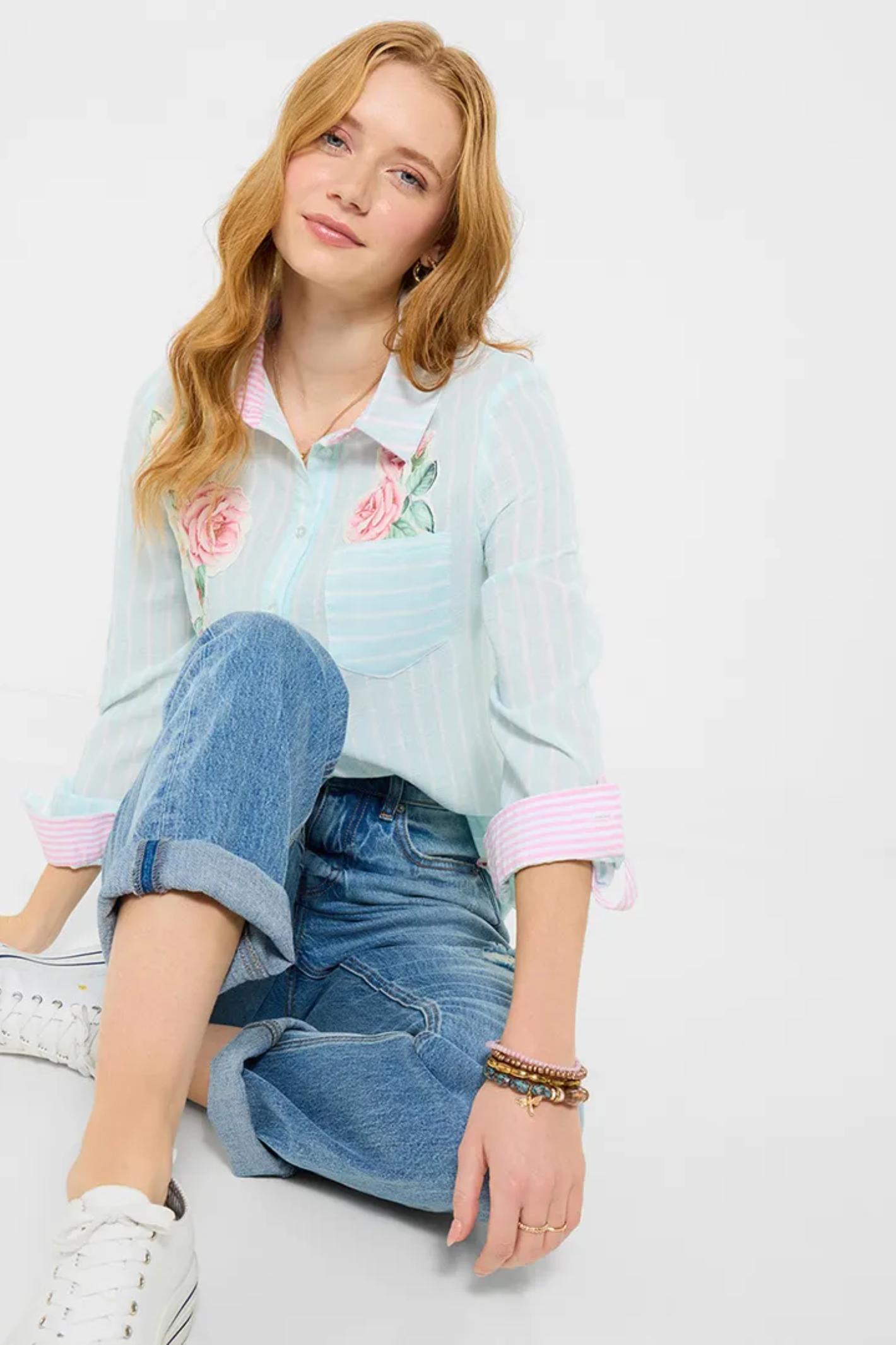 Woman seated wearing Joe Browns WA501A Vintage Roses Appliqué Shirt Blue by Joe Browns, shop Joe Browns at Dotique for floral chic