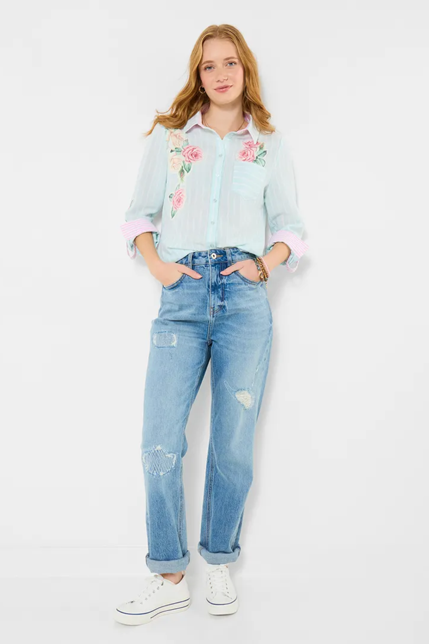 Woman wearing Joe Browns WA501A Vintage Roses Appliqué Shirt Blue by Joe Browns, shop Joe Browns at Dotique for stylish floral flair