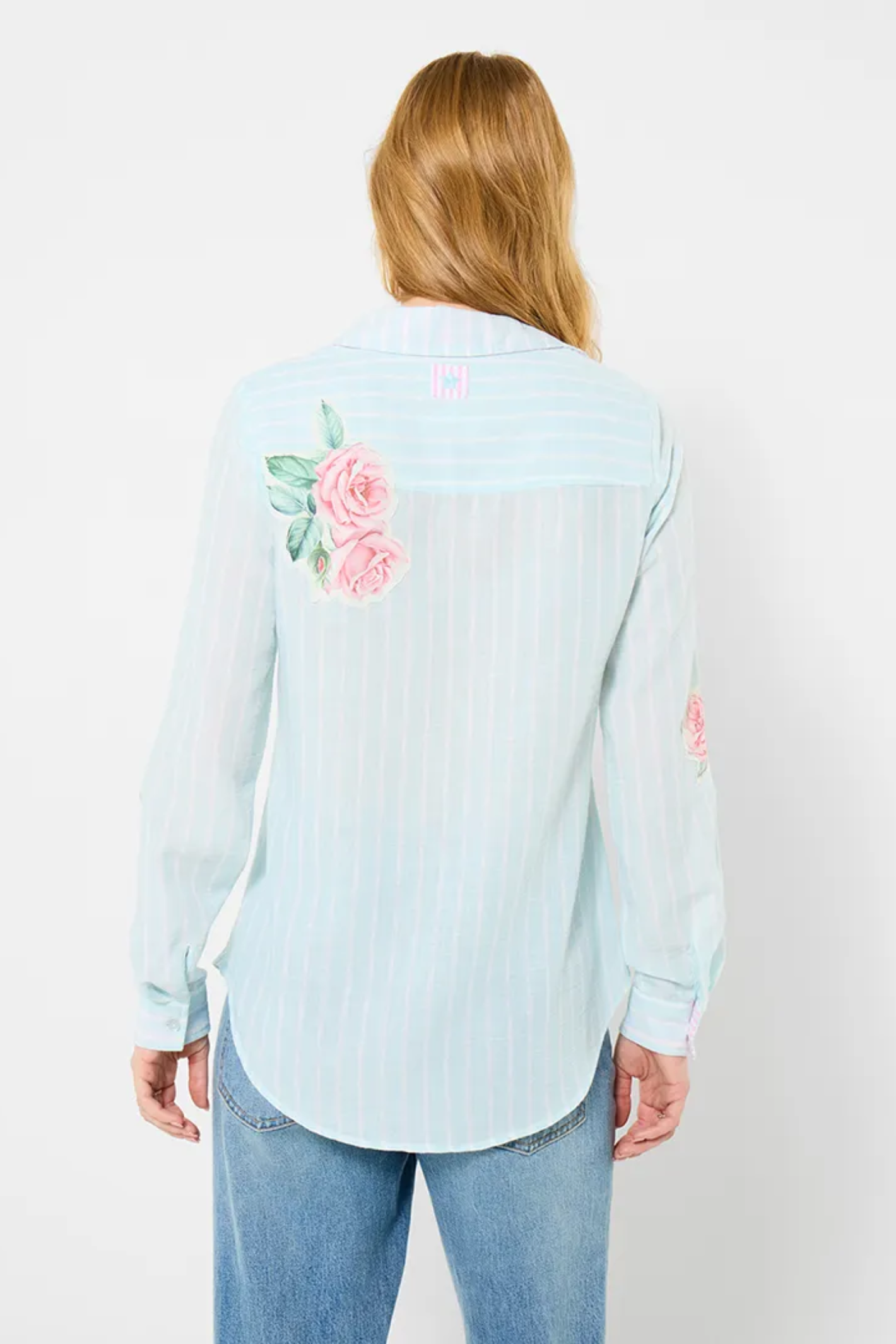 Back view of Joe Browns WA501A Vintage Roses Appliqué Shirt Blue by Joe Browns, shop Joe Browns at Dotique for floral accents