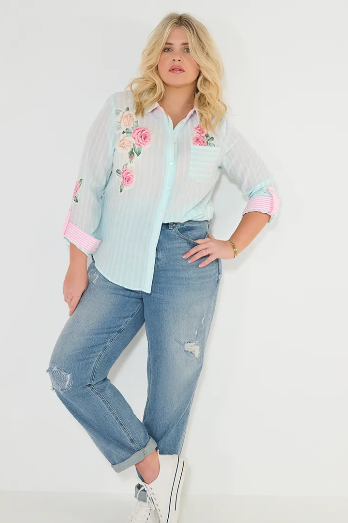 Woman wearing Joe Browns WA501A Vintage Roses Appliqué Shirt Blue by Joe Browns, shop Joe Browns at Dotique for floral charm and style
