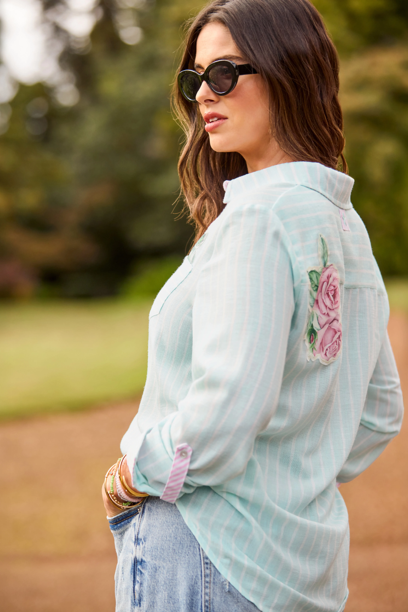 Woman wearing Joe Browns WA501A Vintage Roses Appliqué Shirt Blue by Joe Browns, shop Joe Browns at Dotique for elegant floral style