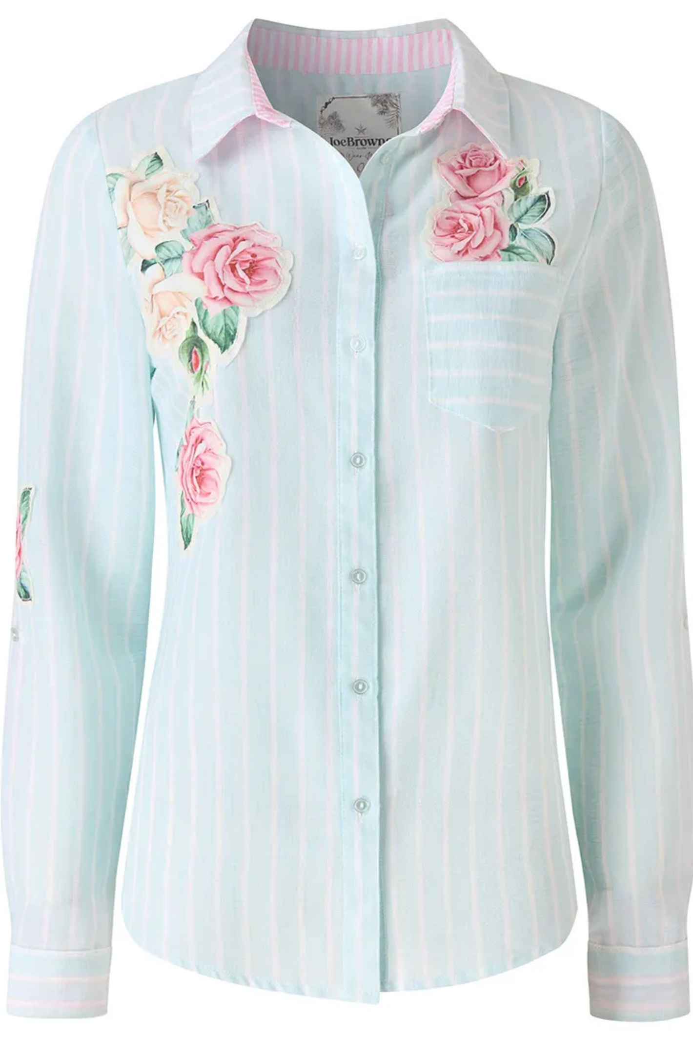 Joe Browns WA501A Vintage Roses Appliqué Shirt Blue by Joe Browns, shop Joe Browns at Dotique for floral applique elegance