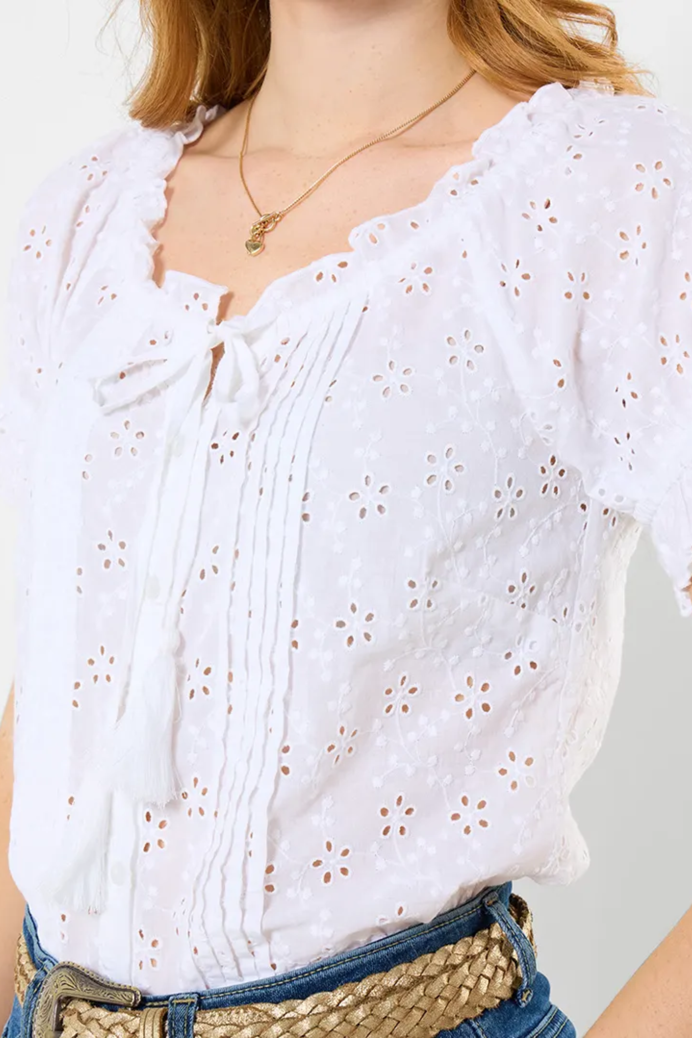 Woman wearing Joe Browns WA506A Beautiful Broderie Top White by Joe Browns, shop Joe Browns at Dotique for delicate broderie style