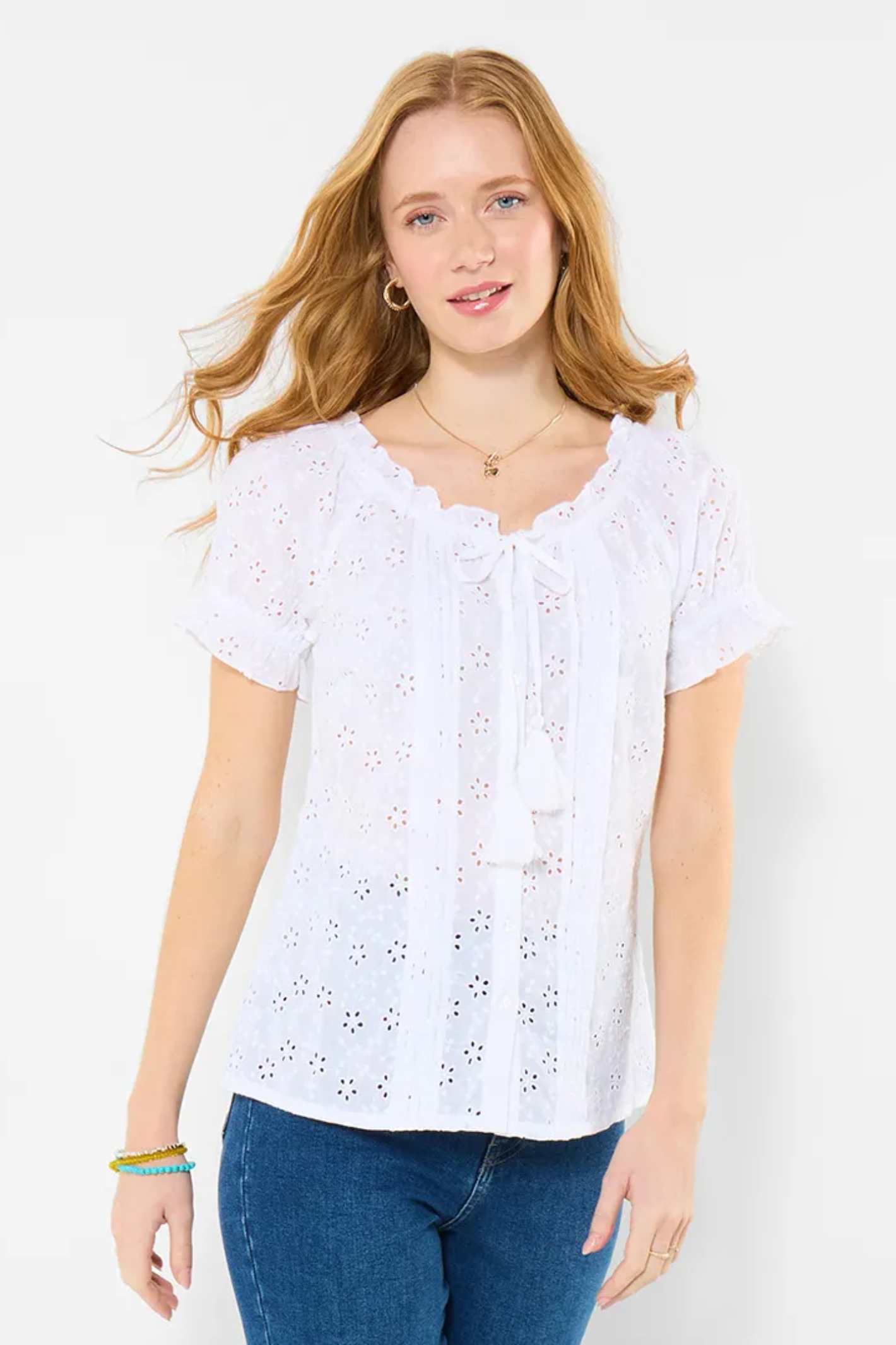 Woman wearing Joe Browns WA506A Beautiful Broderie Top White by Joe Browns, shop Joe Browns at Dotique for delicate broderie style