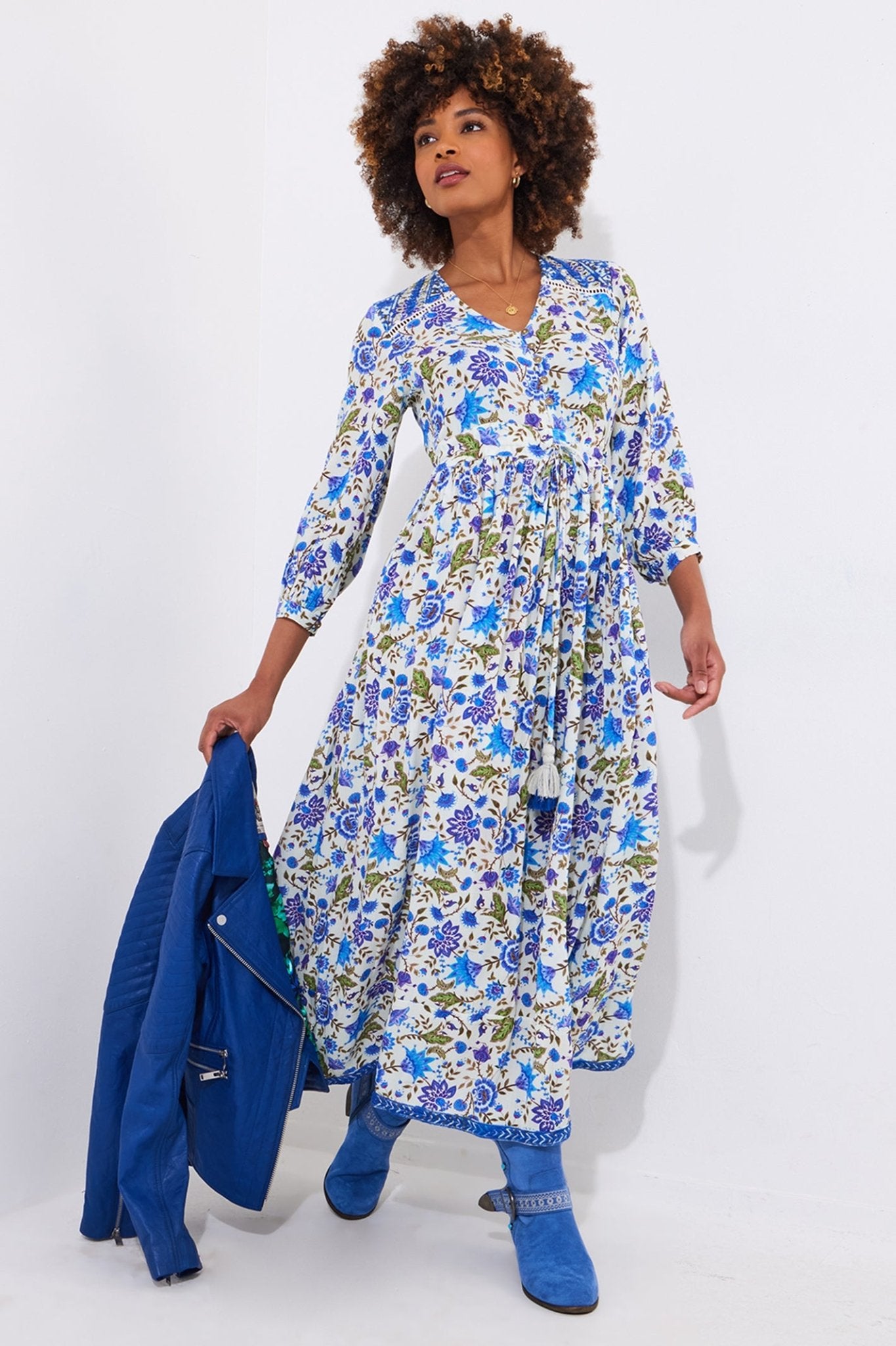 Joe Browns WF160A Joys of Summer Embellished Floral Maxi Dress Blue - Dotique