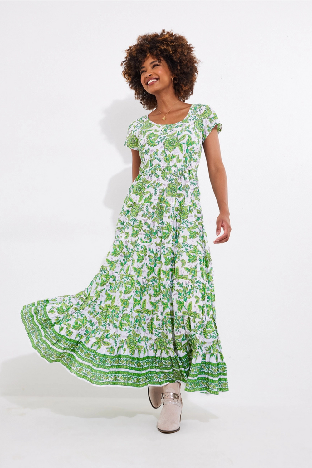 Joe Browns WF186A Hannah Green Floral Crinkle Cotton Maxi Dress at Dotique