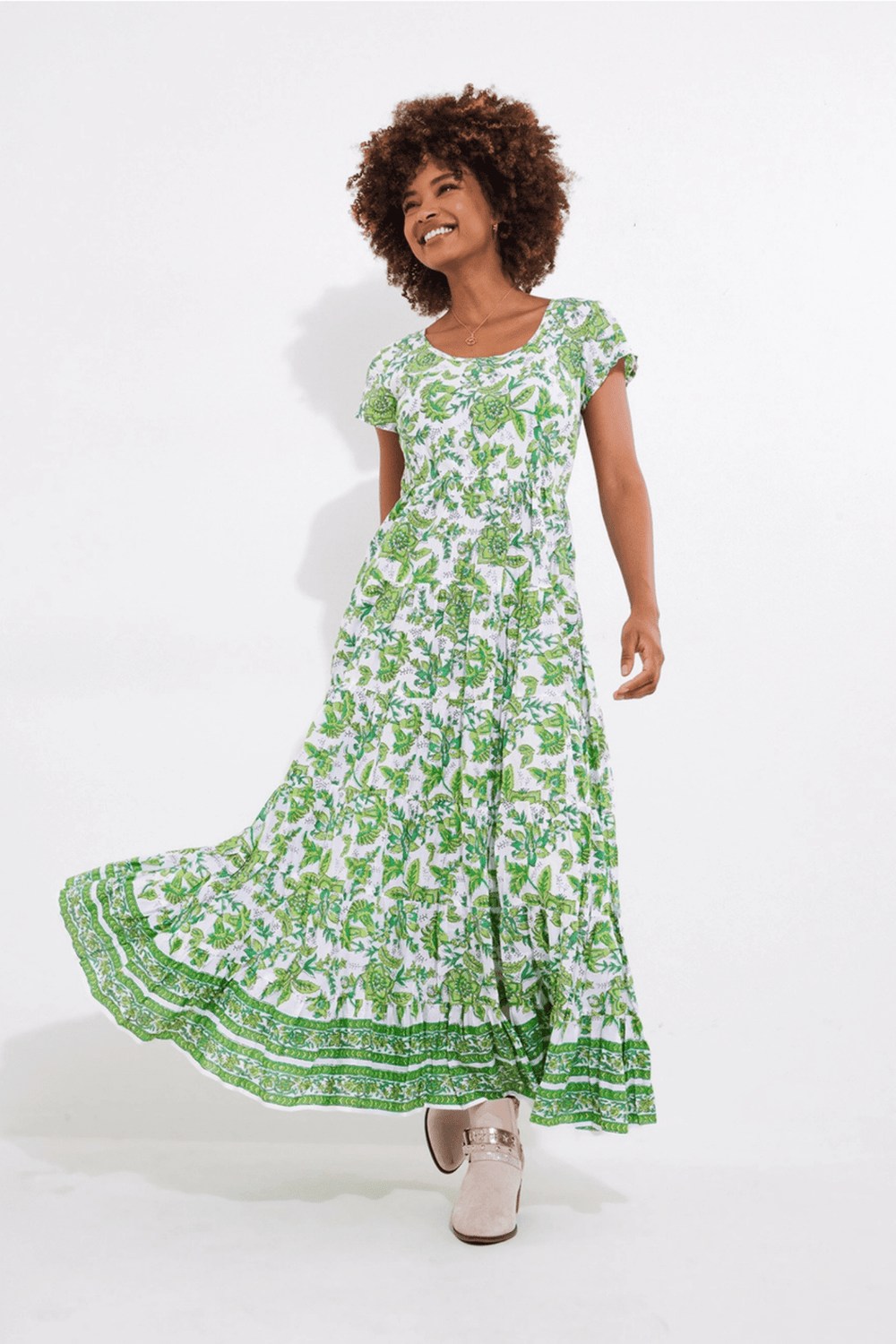 Joe Browns WF186A Hannah Green Floral Crinkle Cotton Maxi Dress - Dotique