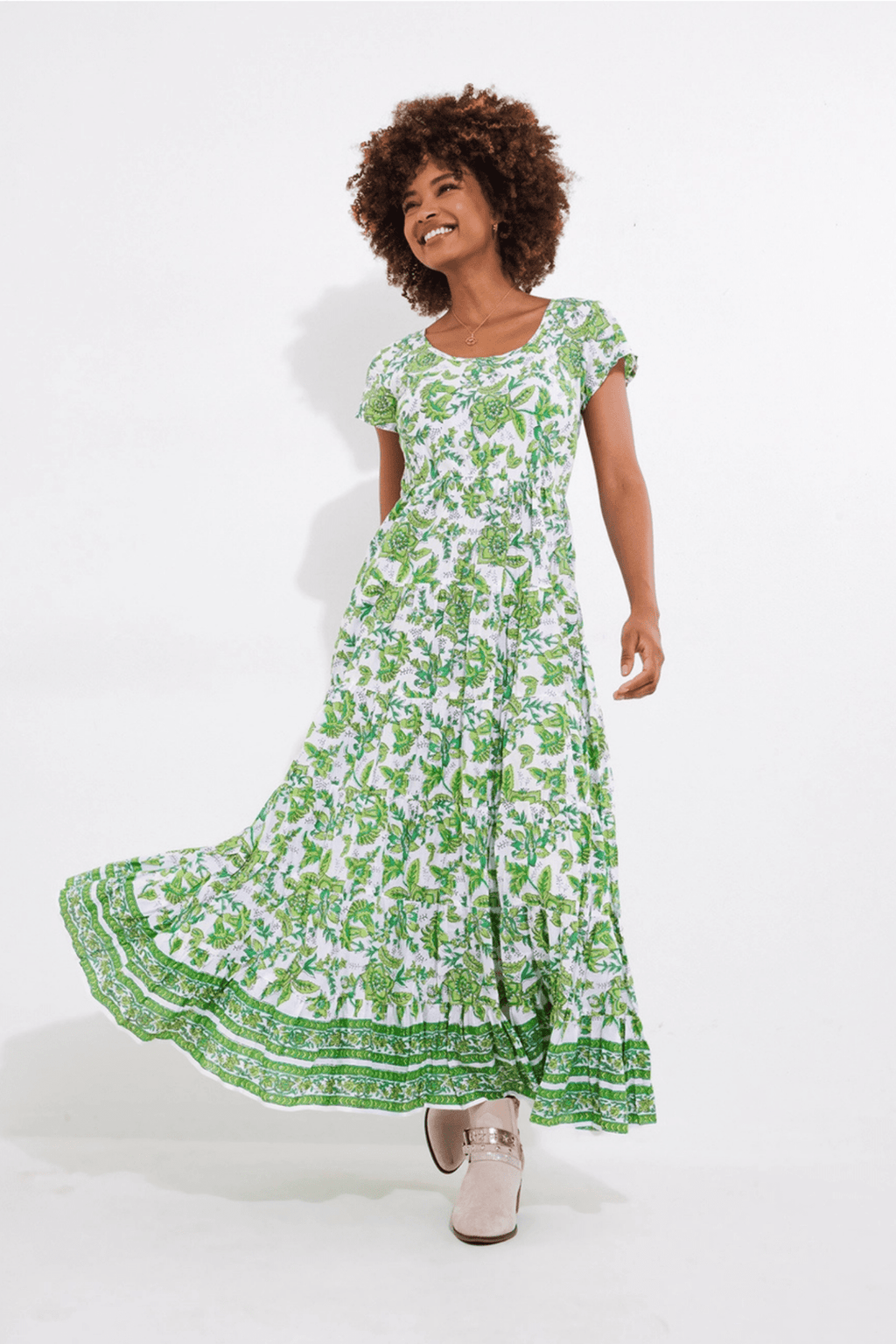 Joe Browns WF186A Hannah Green Floral Crinkle Cotton Maxi Dress - Dotique