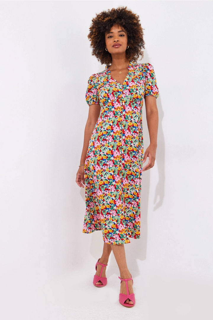 Joe Browns WF199A Floral Fancy Yellow Printed Midi Dress at Dotique Peak Vilalge