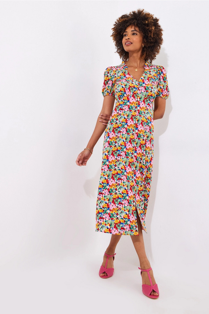 Joe Browns WF199A Floral Fancy Yellow Printed Midi Dress at Dotique Peak Vilalge