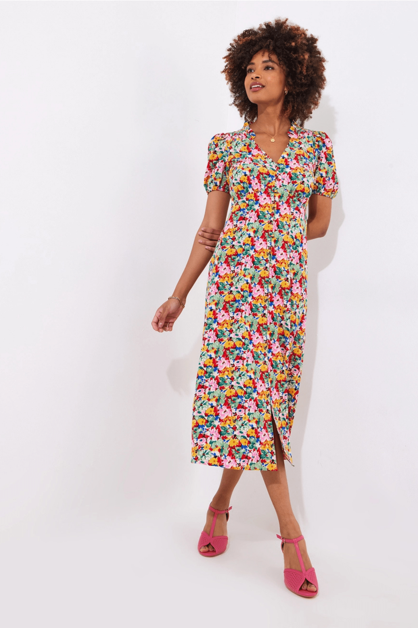 Joe Browns WF199A Floral Fancy Yellow Printed Midi Dress - Dotique