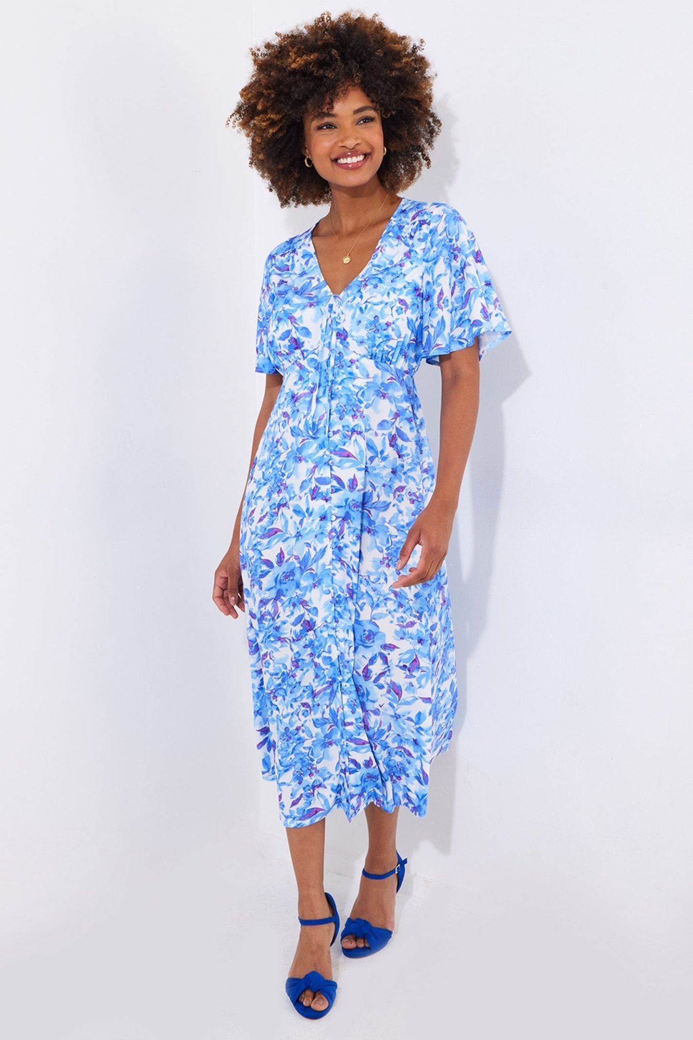 Joe Browns WF208A Olivia Floral Printed Midi Dress Blue - Dotique