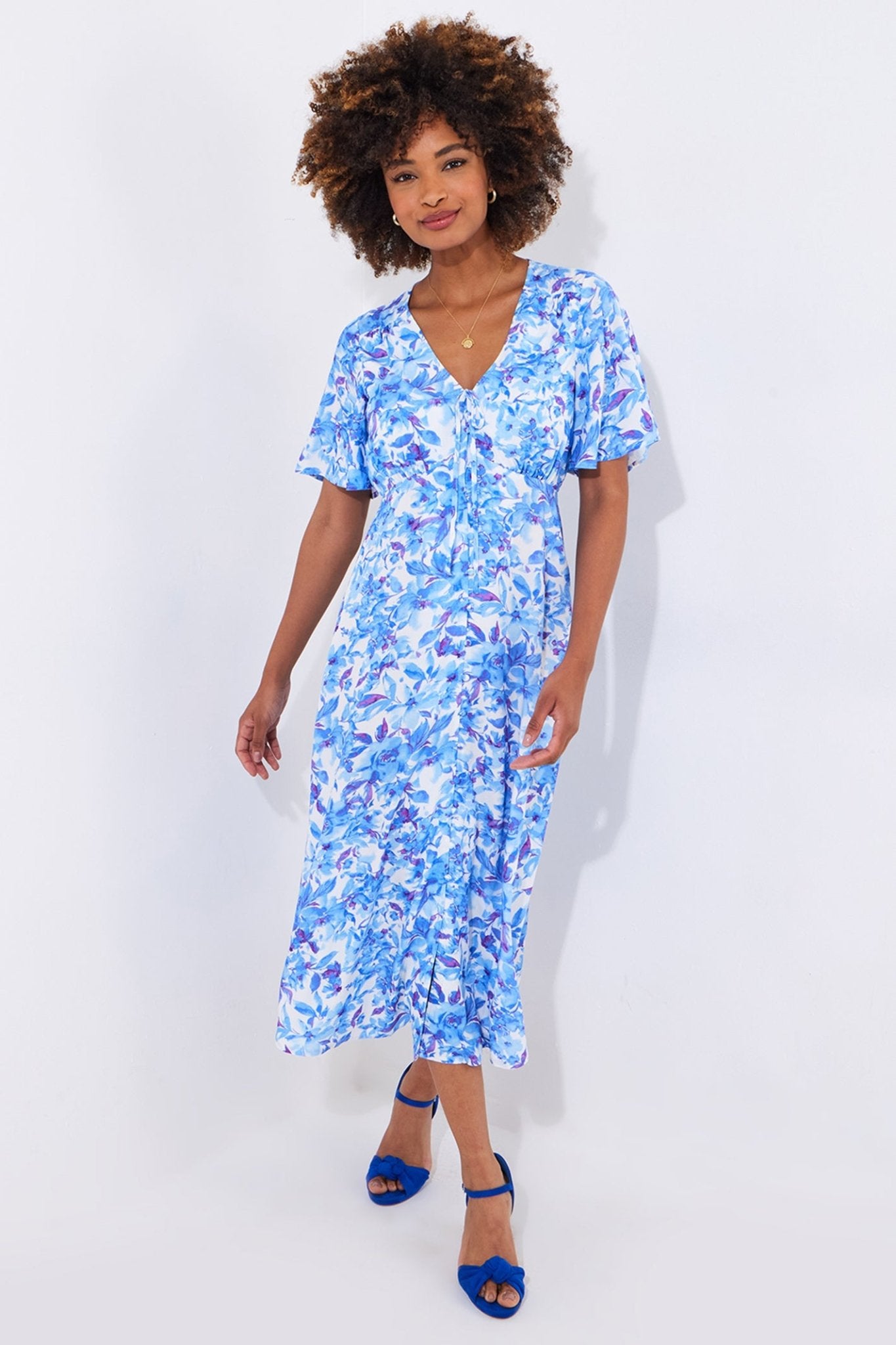 Joe Browns WF208A Olivia Floral Printed Midi Dress Blue - Dotique