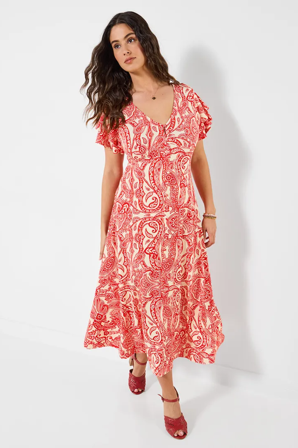 Woman wearing Joe Browns WF437A Orla Printed Jersey Dress Red by Joe Browns, shop Joe Browns at Dotique for stylish summer elegance