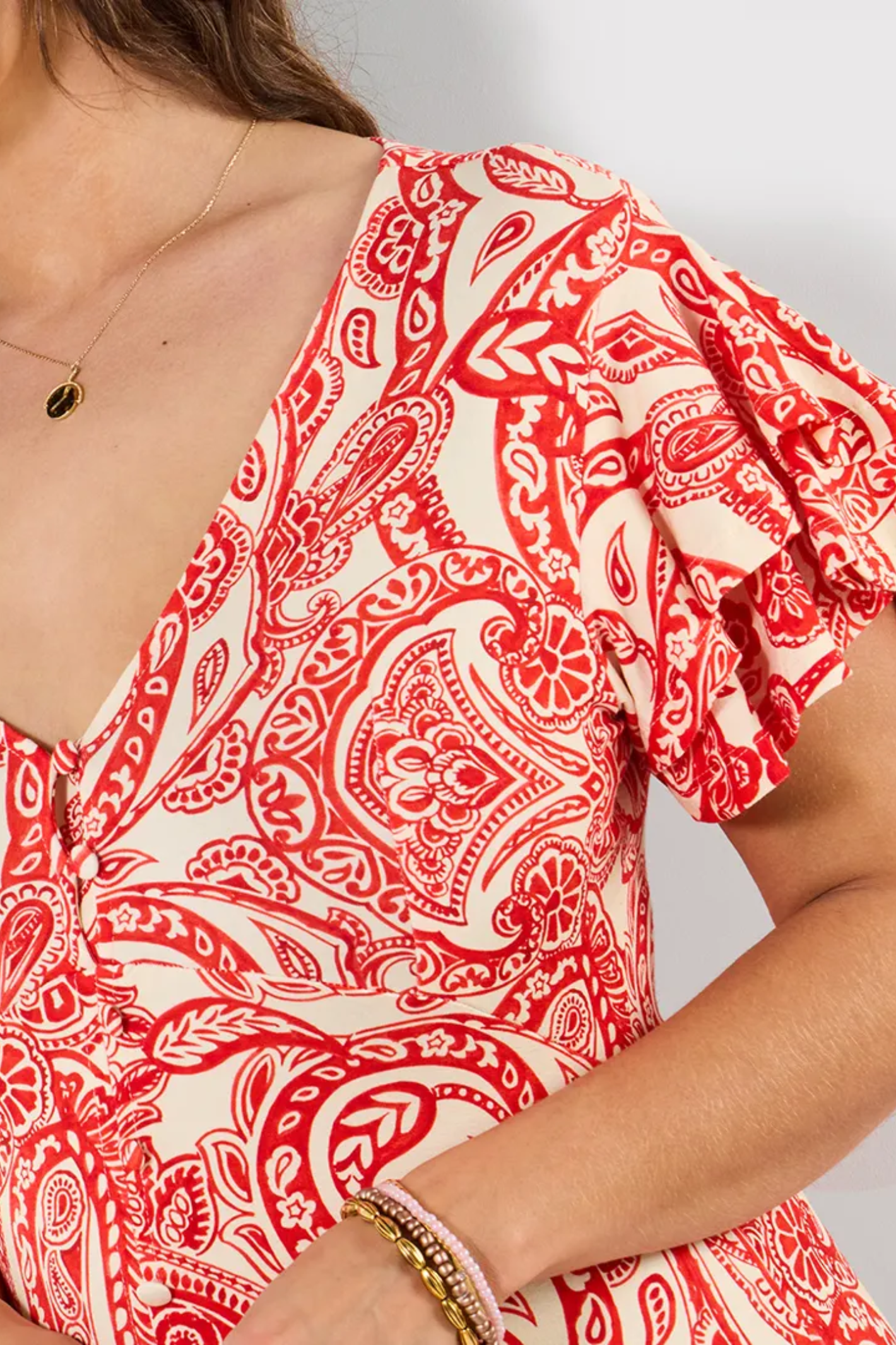 Close-up of Joe Browns WF437A Orla Printed Jersey Dress Red by Joe Browns, shop Joe Browns at Dotique for vibrant style
