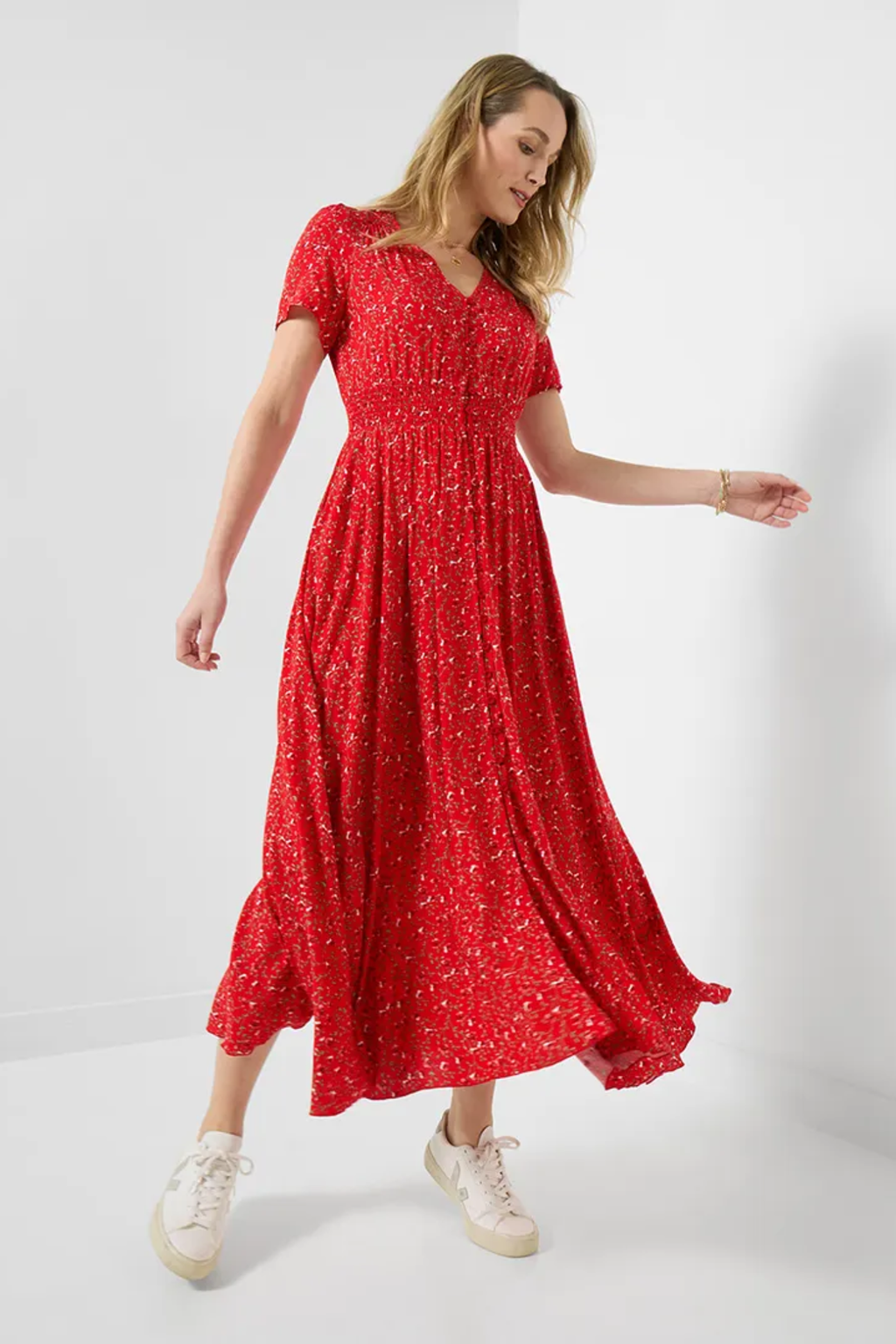 Woman wearing Joe Browns WF443A Perfect Summer Dress Red by Joe Browns, shop Joe Browns at Dotique for elegant summer style