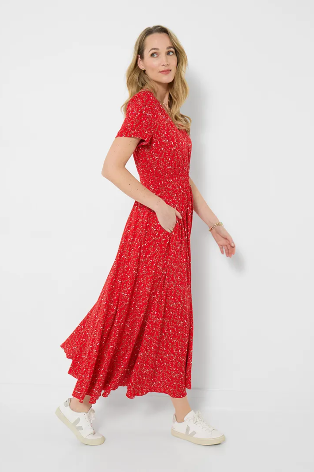 Woman wearing Joe Browns WF443A Perfect Summer Dress Red by Joe Browns, shop Joe Browns at Dotique for elegant summer style