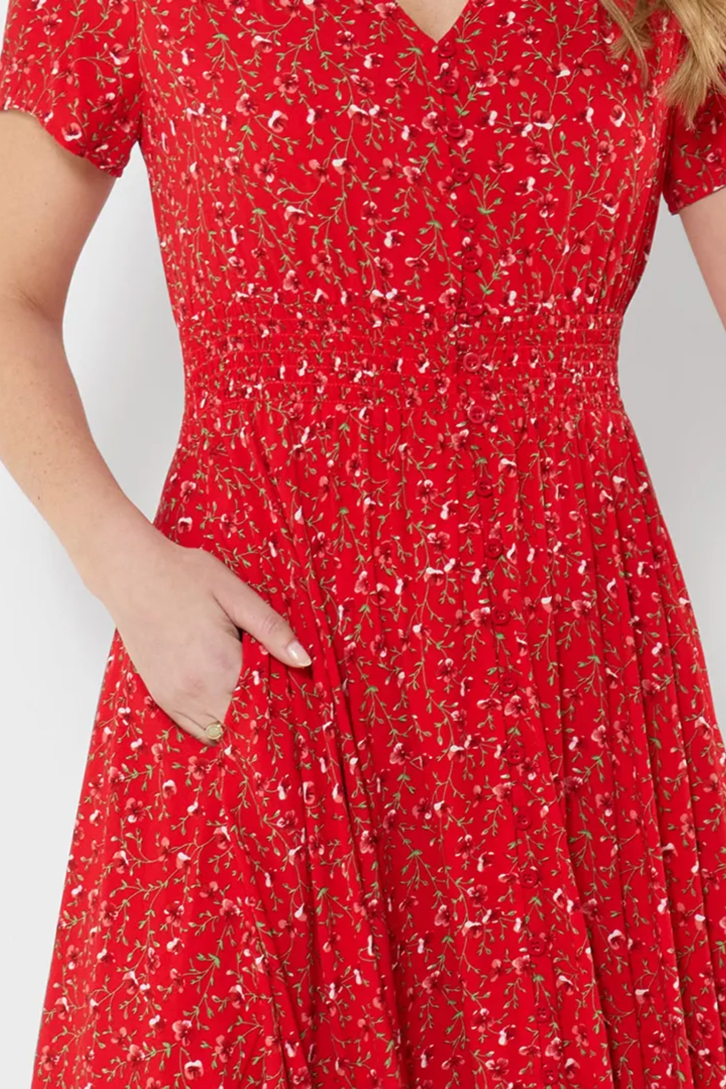 Close-up of Joe Browns WF443A Perfect Summer Dress Red by Joe Browns, shop Joe Browns at Dotique for elegant summer style