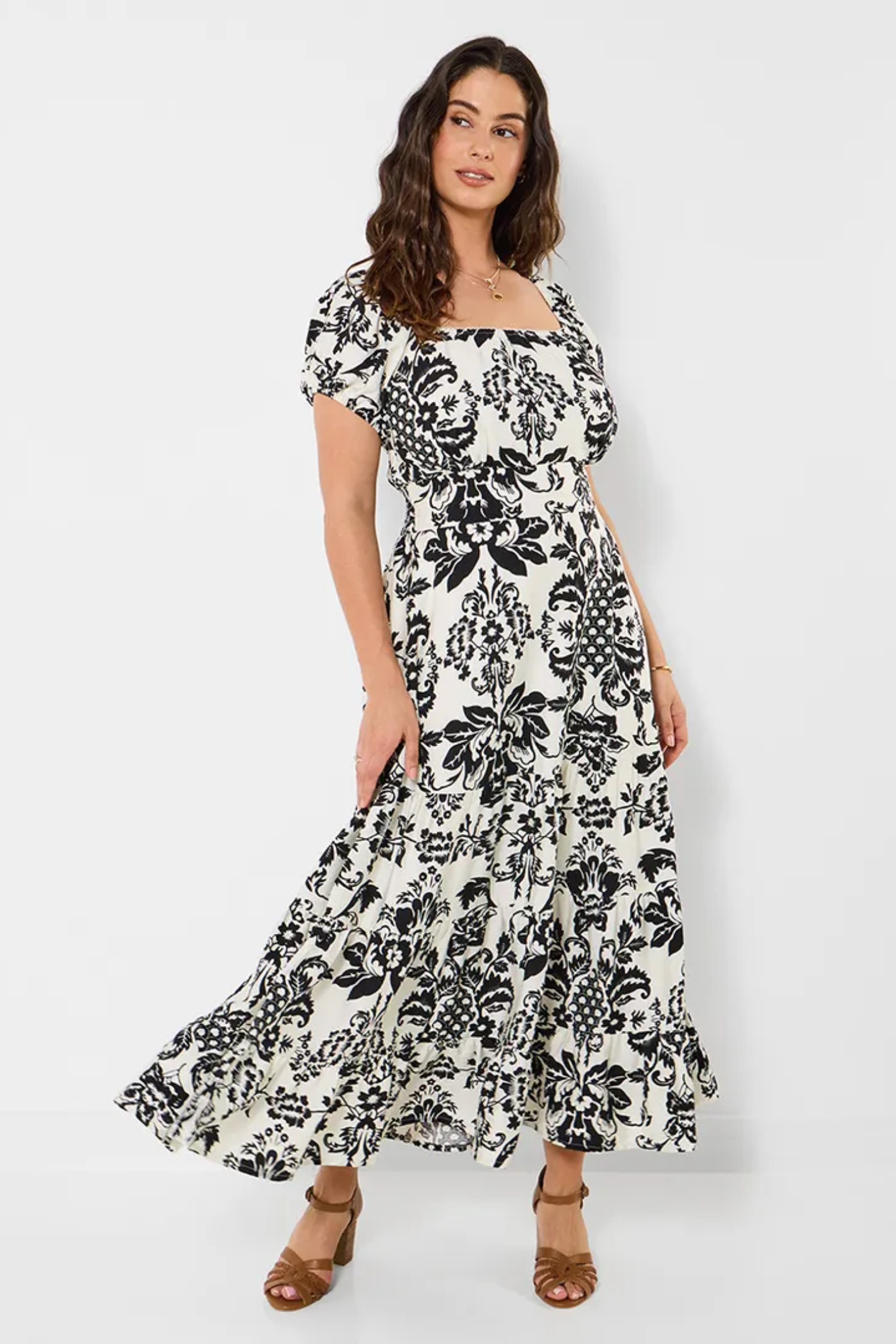 Woman wearing Joe Browns WF446A Serena Printed Maxi Dress Black/White by Joe Browns, shop Joe Browns at Dotique for elegant style