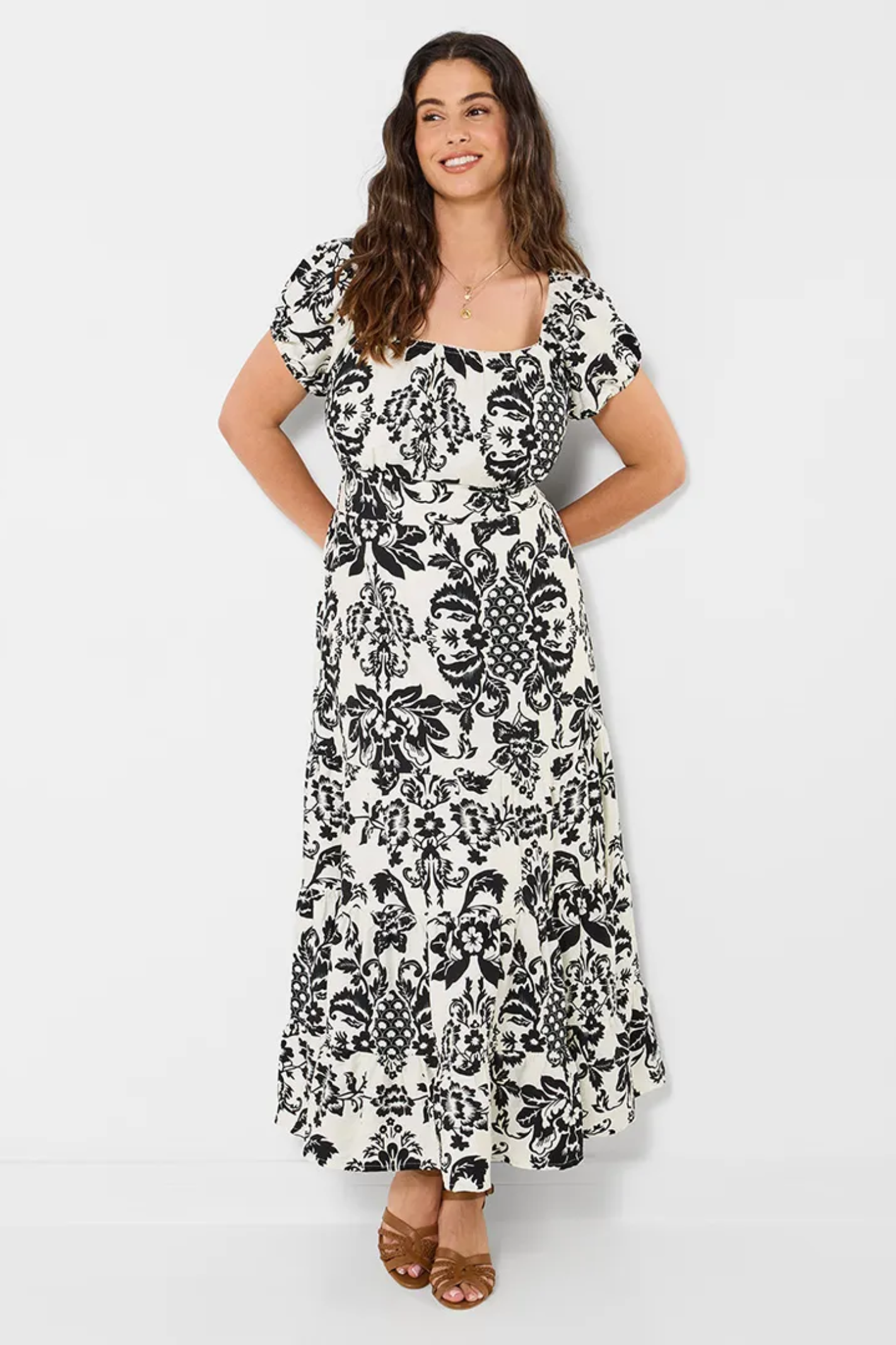 Woman wearing Joe Browns WF446A Serena Printed Maxi Dress Black/White by Joe Browns, shop Joe Browns at Dotique for chic style