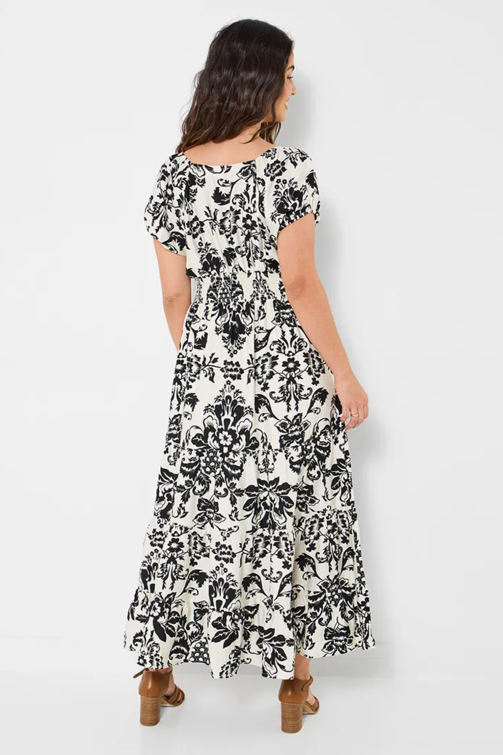 Woman modeling Joe Browns WF446A Serena Printed Maxi Dress Black/White by Joe Browns, shop Joe Browns at Dotique for timeless style
