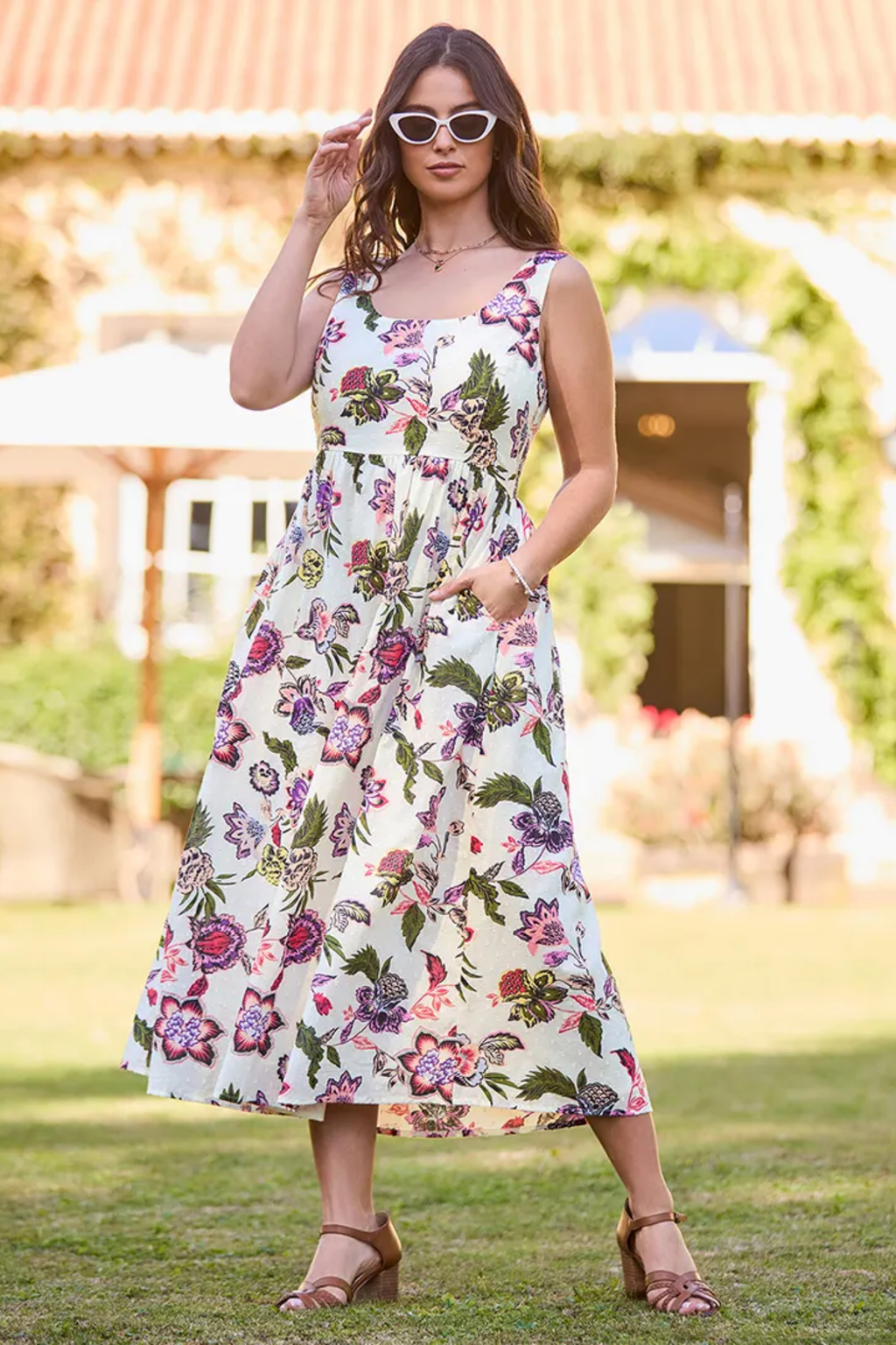 Woman wearing Joe Browns WF456A Charlotte Floral Cotton Dobby Dress by Joe Browns, shop Joe Browns at Dotique for feminine floral charm