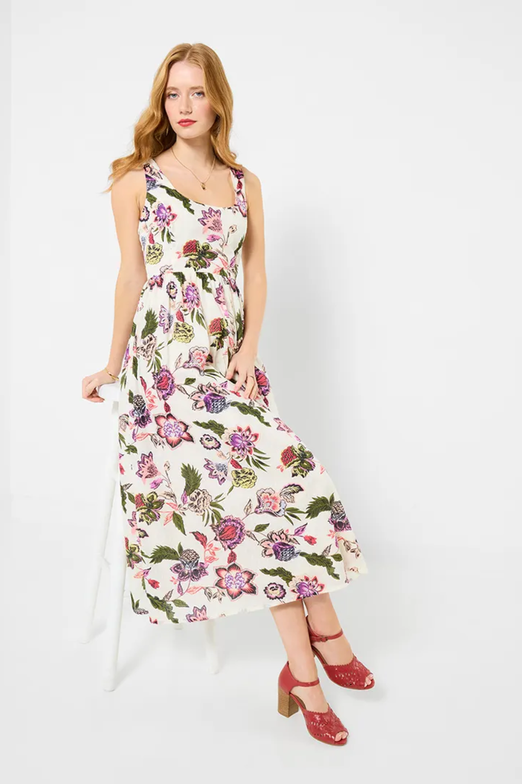 Woman wearing Joe Browns WF456A Charlotte Floral Cotton Dobby Dress by Joe Browns, shop Joe Browns at Dotique for floral sophistication