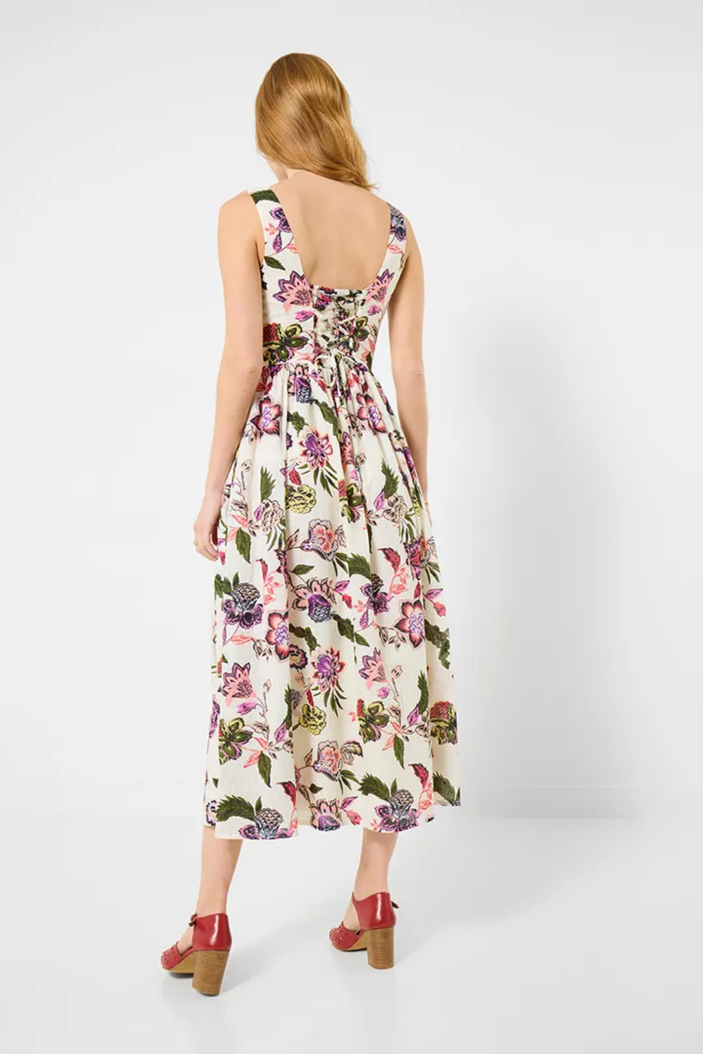 Woman wearing Joe Browns WF456A Charlotte Floral Cotton Dobby Dress by Joe Browns, shop Joe Browns at Dotique for summer floral style