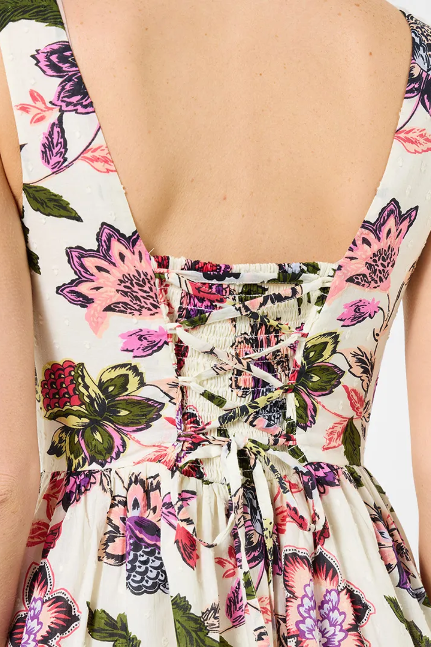 Close-up of back detailing on Joe Browns WF456A Charlotte Floral Cotton Dobby Dress by Joe Browns, shop Joe Browns at Dotique.