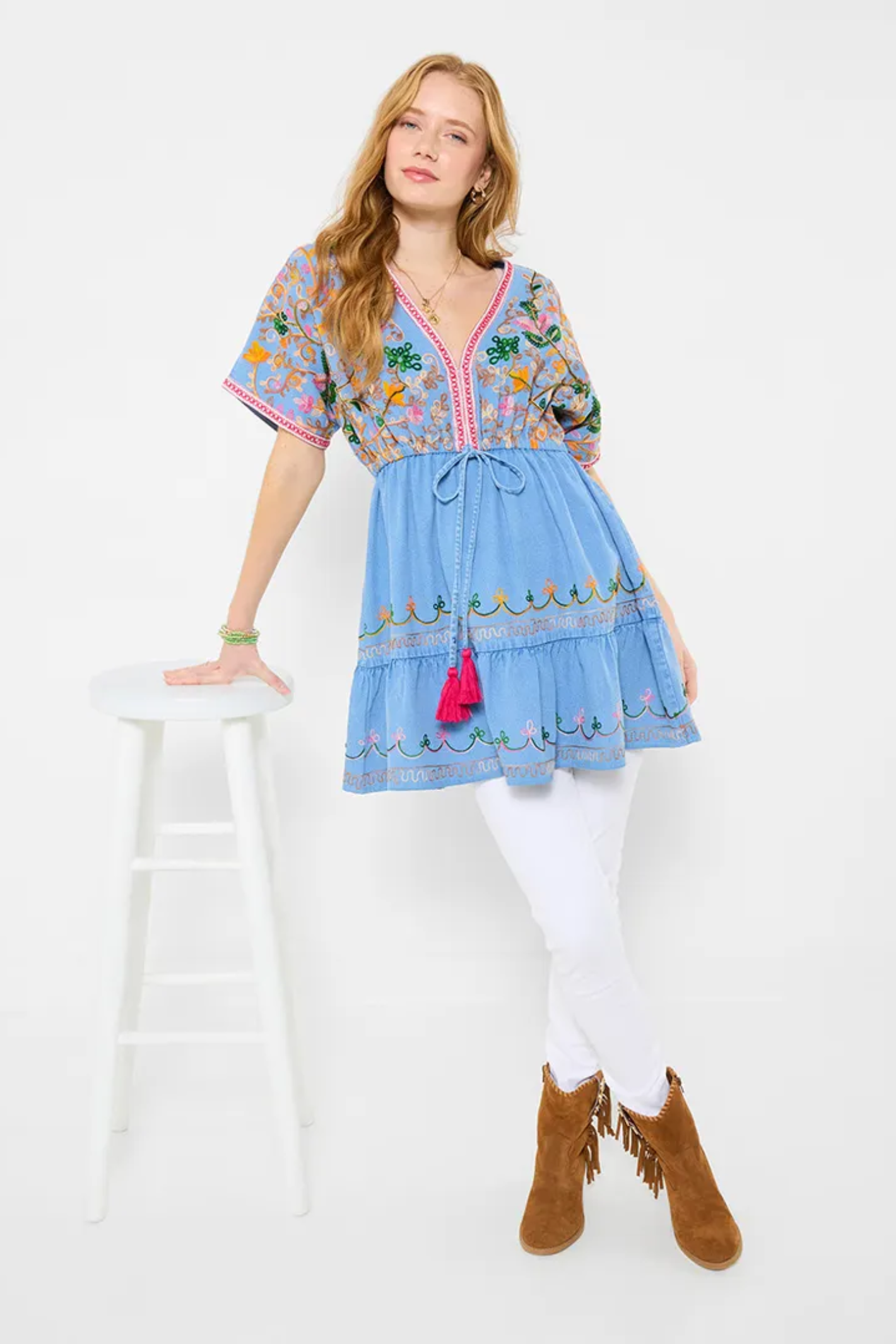 Woman styled in Joe Browns WG730A Emma Embroidered Denim Tunic Dress by Joe Browns, shop Joe Browns at Dotique for boho chic flair