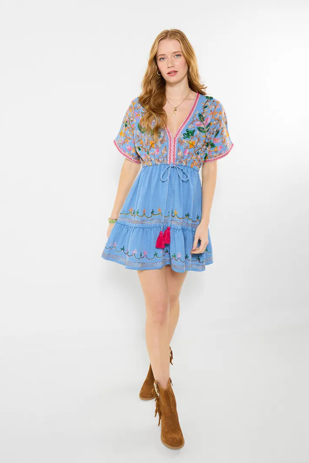Woman wearing Joe Browns WG730A Emma Embroidered Denim Tunic Dress by Joe Browns, shop the brand at Dotique.