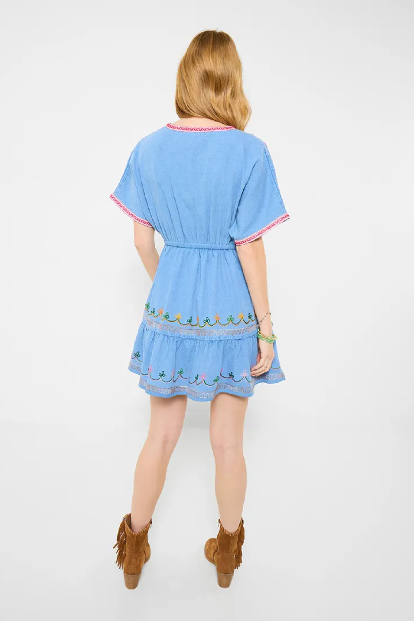 Back view of model wearing Joe Browns WG730A Emma Embroidered Denim Tunic Dress by Joe Browns, Shop Joe Browns at Dotique.