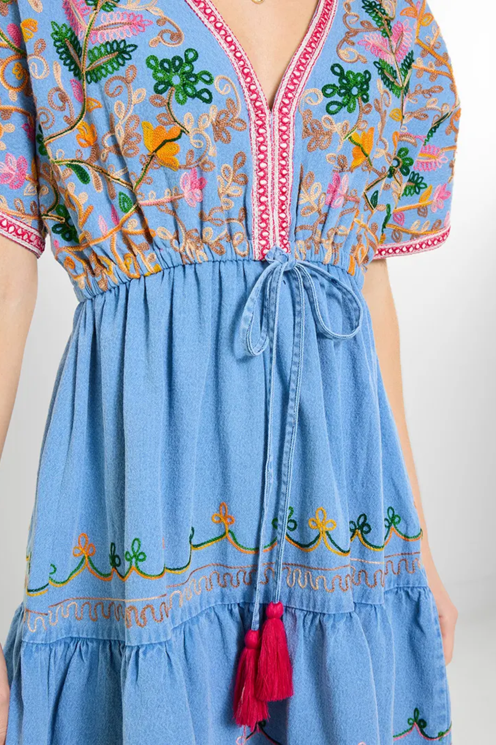 Joe Browns WG730A Emma Embroidered Denim Tunic Dress by Joe Browns with detailed floral embroidery, shop Joe Browns at Dotique