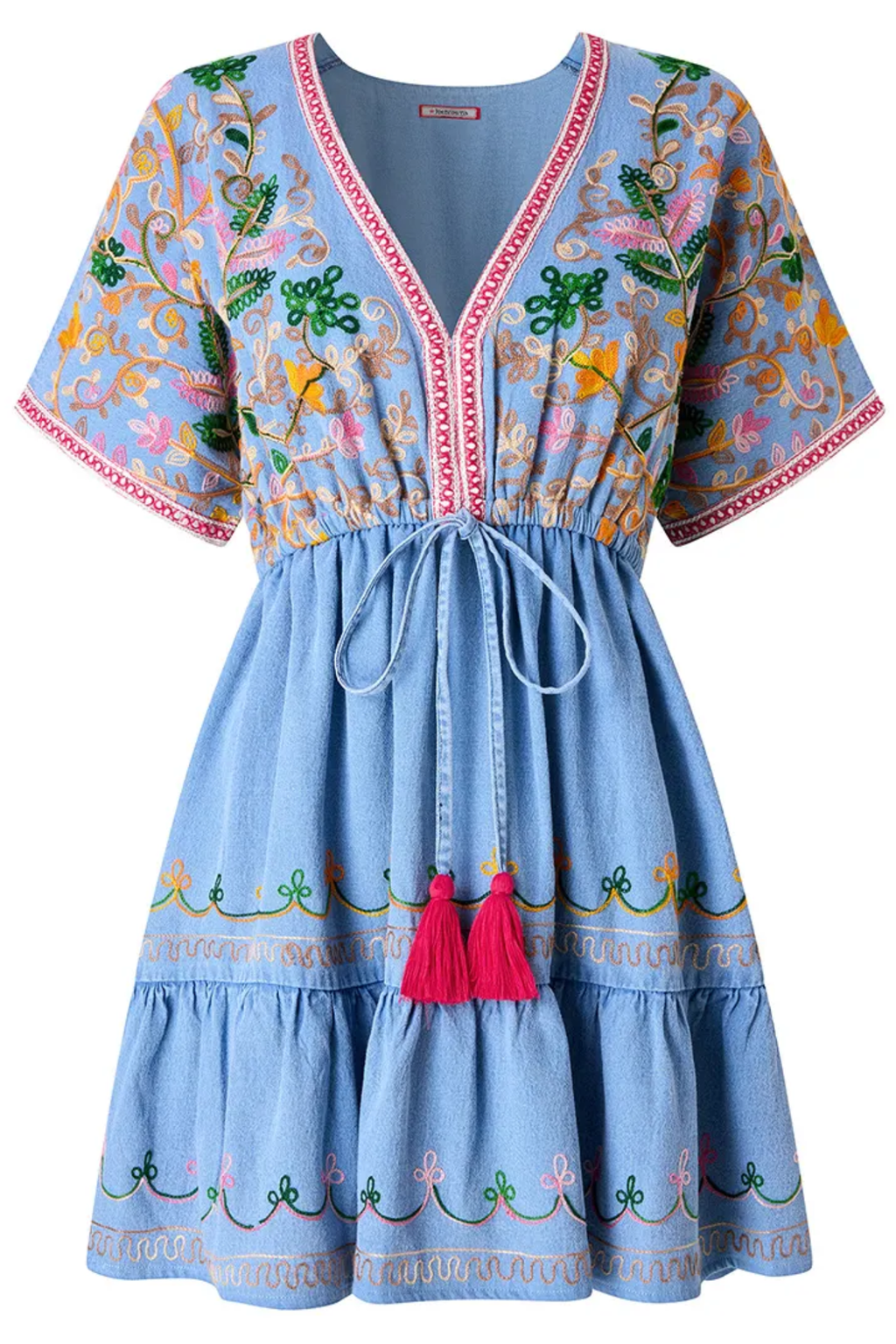 Joe Browns WG730A Emma Embroidered Denim Tunic Dress by Joe Browns with colorful floral embroidery, shop Joe Browns at Dotique.