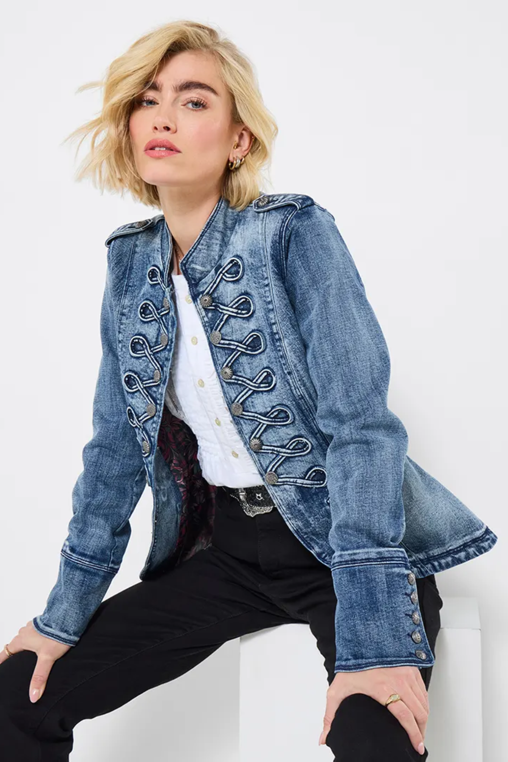 Model wearing Joe Browns WJ776A Whimsical Wonders Denim Jacket Blue by Joe Browns Shop the vendor at Dotique