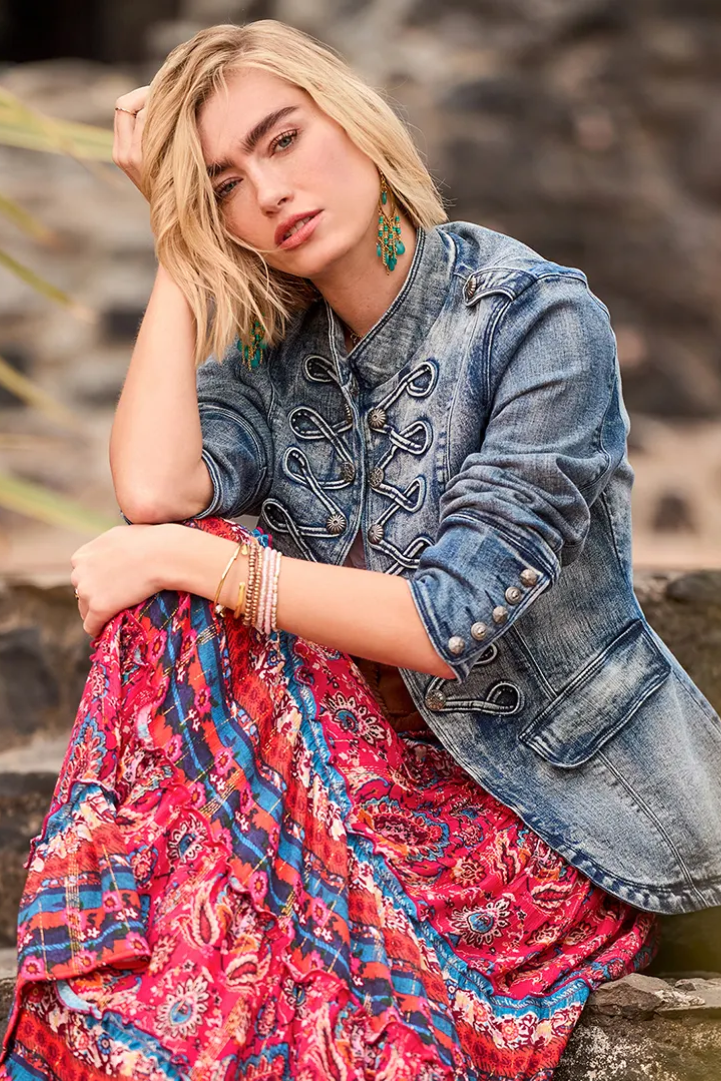 Joe Browns WJ776A Whimsical Wonders Denim Jacket Blue worn by model, shop Joe Browns at Dotique for unique fashion styles.