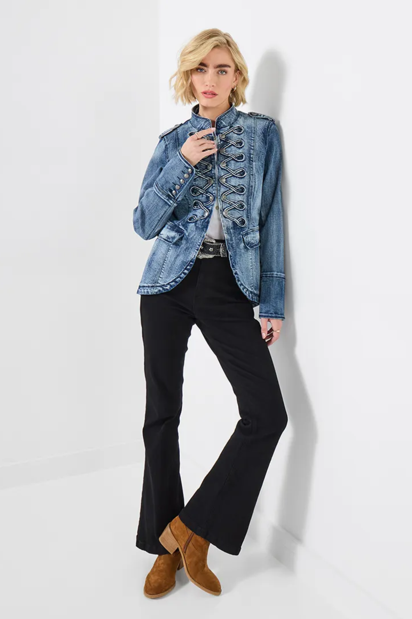 Model wearing Joe Browns WJ776A Whimsical Wonders Denim Jacket Blue by Joe Browns. Shop Joe Browns at Dotique.