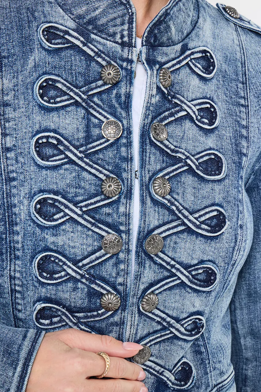 Close-up of Joe Browns WJ776A Whimsical Wonders Denim Jacket Blue with decorative silver buttons, shop Joe Browns at Dotique