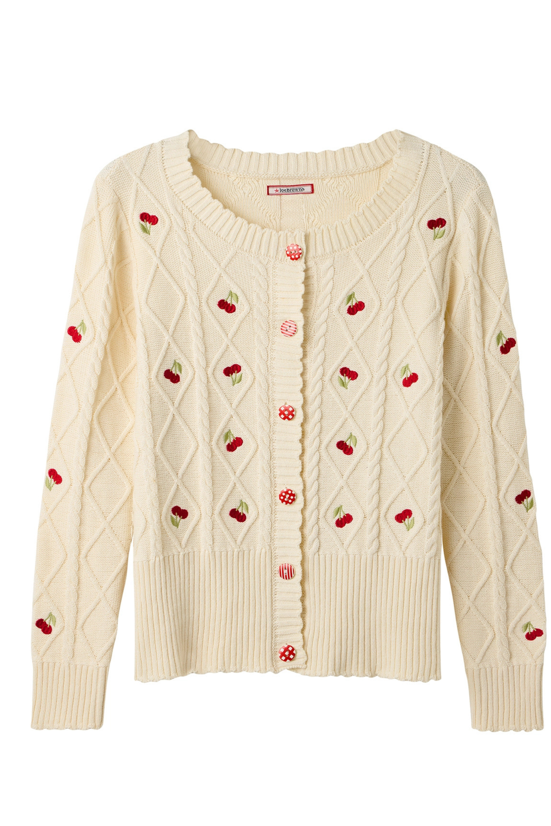 Joe Browns WK795A Cherry Embroidered Cream Cable Knit Cardigan at Dotique 