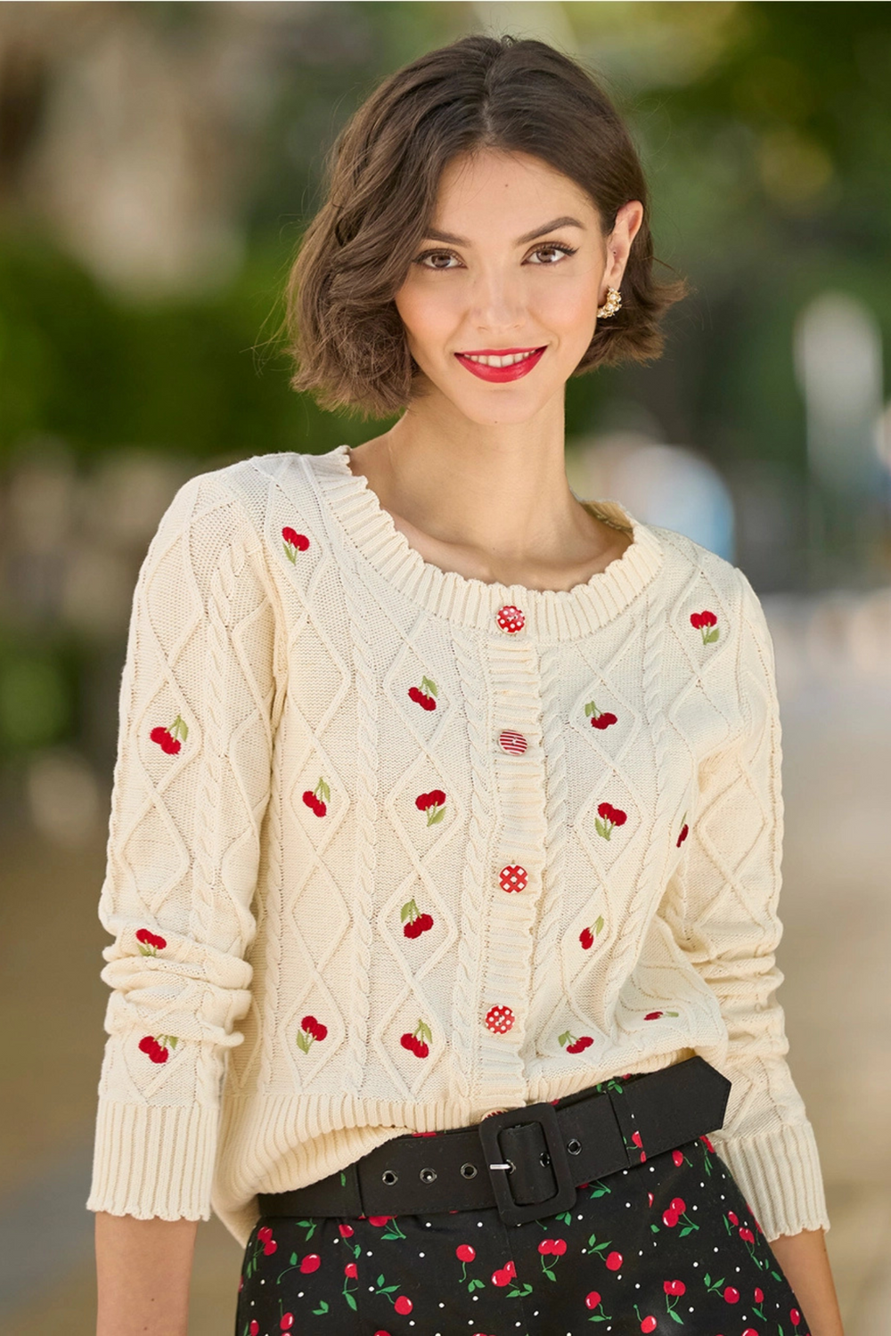 Joe Browns WK795A Cherry Embroidered Cream Cable Knit Cardigan at Dotique 