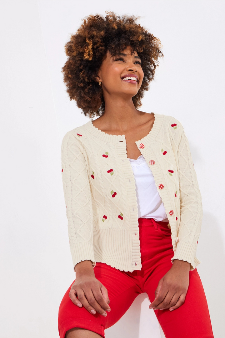 Joe Browns WK795A Cherry Embroidered Cream Cable Knit Cardigan at Dotique 