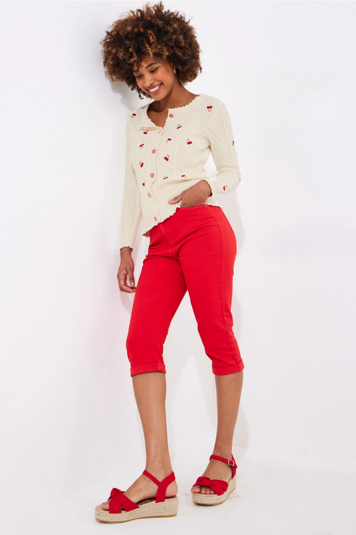 Joe Browns WK795A Cherry Embroidered Cream Cable Knit Cardigan at Dotique 