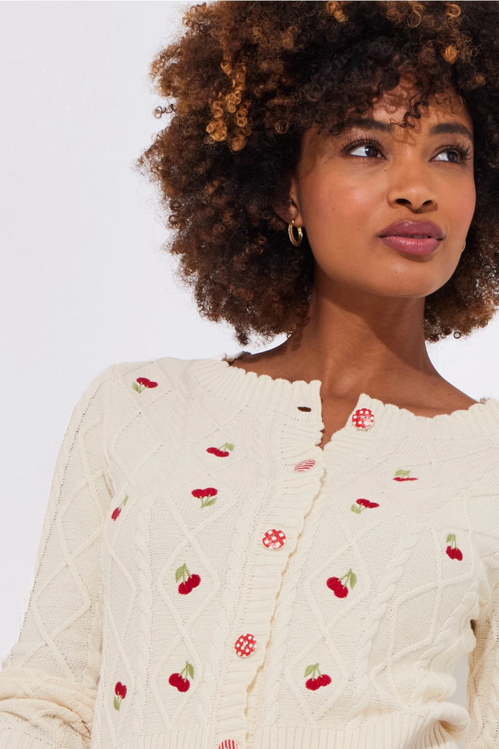 Joe Browns WK795A Cherry Embroidered Cream Cable Knit Cardigan at Dotique 