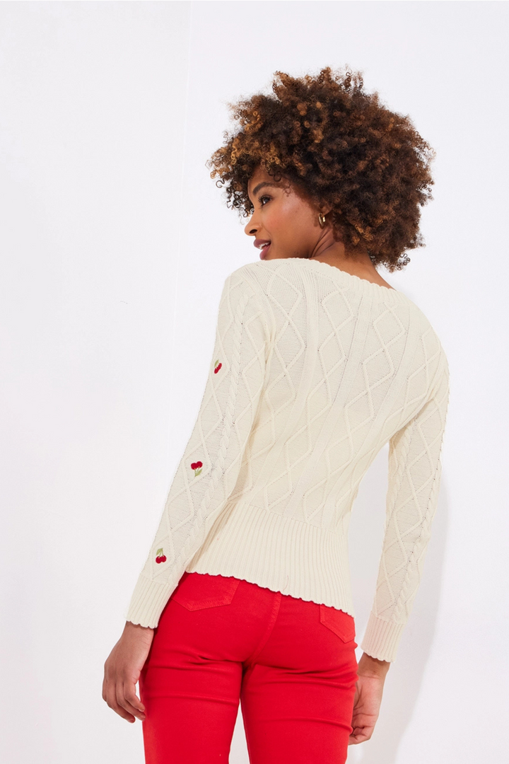 Joe Browns WK795A Cherry Embroidered Cream Cable Knit Cardigan at Dotique 