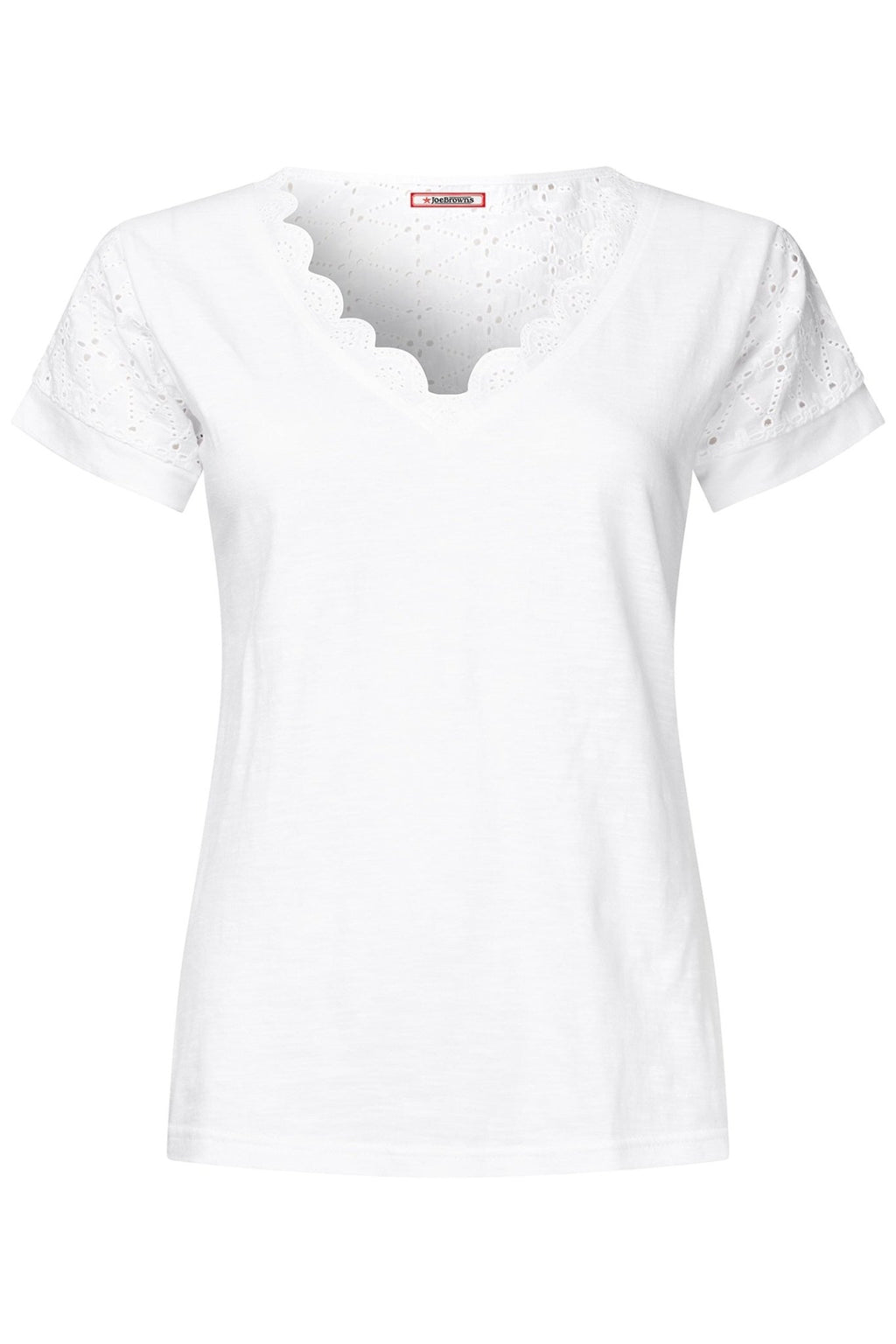 Joe Browns WU157A Summer Days Broderie Insert V - Neck T-Shirt White - Dotique